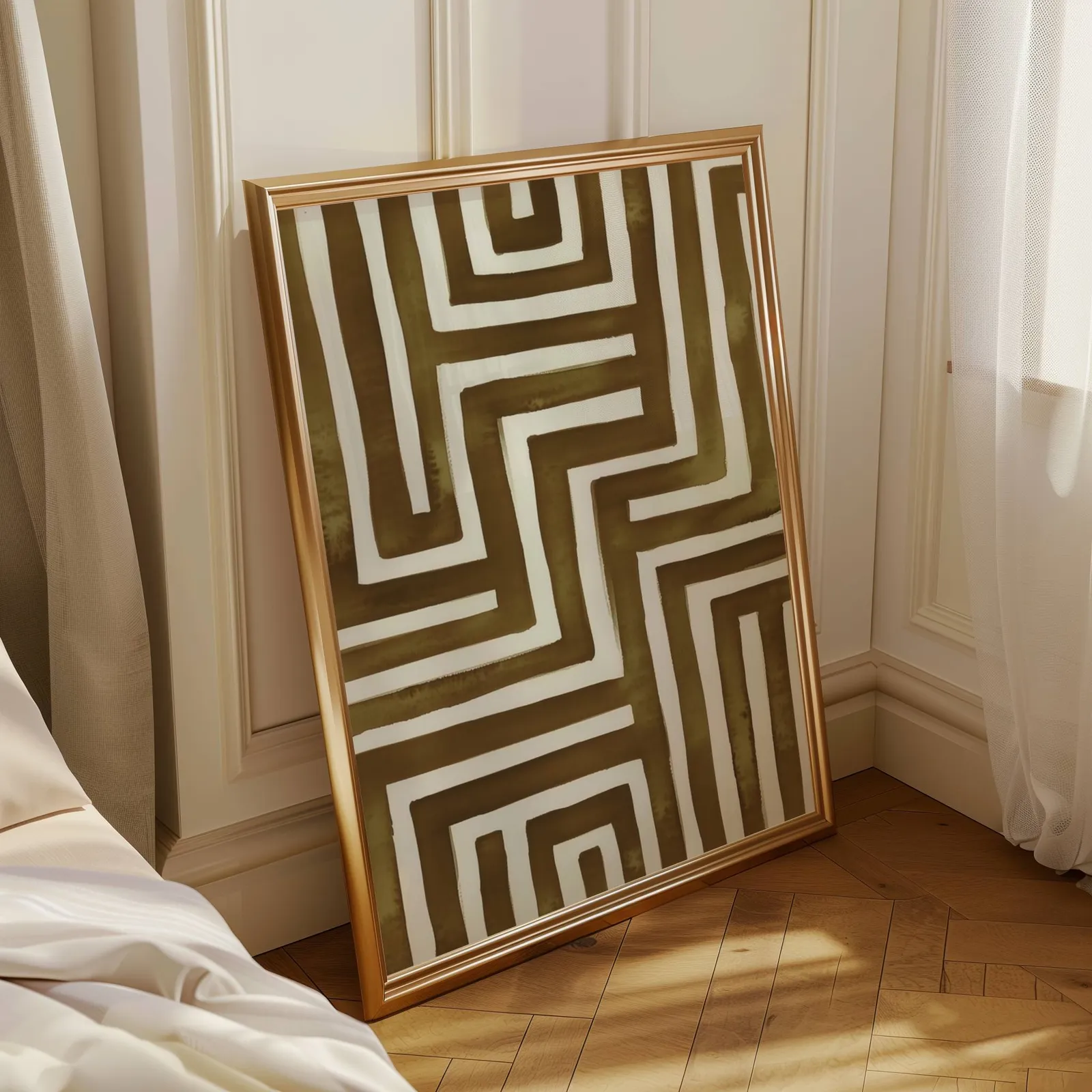 brown abstract maze wall art, leaning in a sunlit corner beside sheer curtains and herringbone floor
