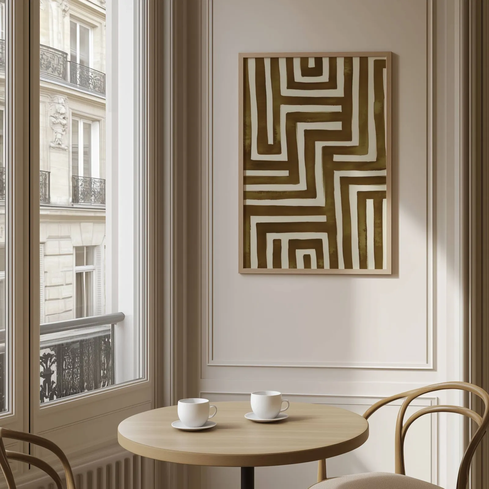 brown abstract maze wall art, above a round café table set with two coffee cups