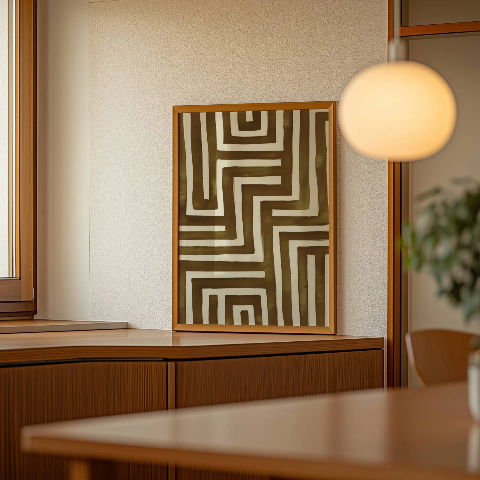 brown abstract maze wall art, leaning on a wooden sideboard beside a glowing globe pendant