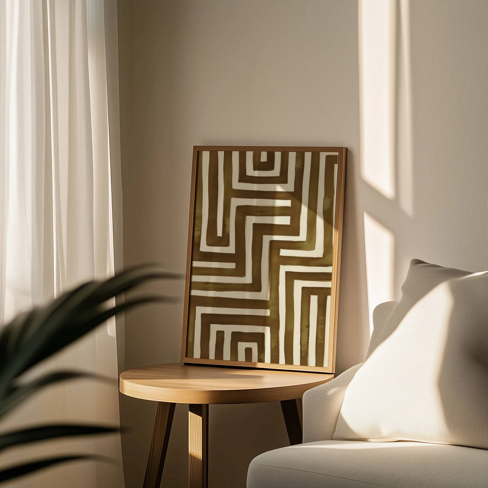 brown abstract maze wall art, leaning on a round wooden side table by a sheer curtain