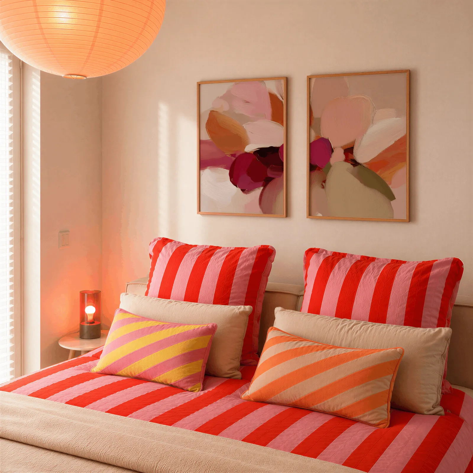 pink and orange abstract floral wall art set of 2, above a bed piled with red and pink striped pillows