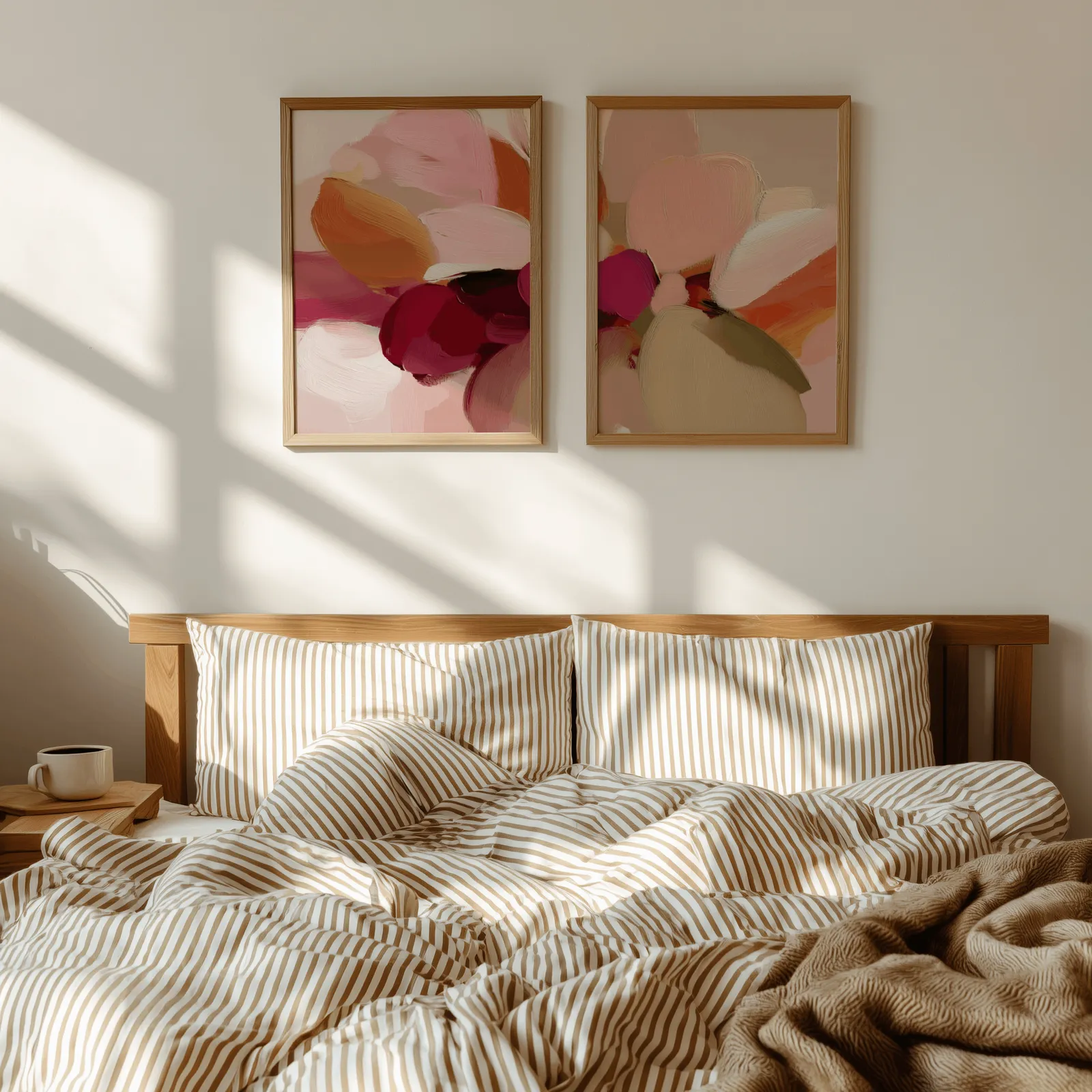 pink and orange abstract floral wall art set of 2, above a wooden headboard with striped bedding and raking sunlight