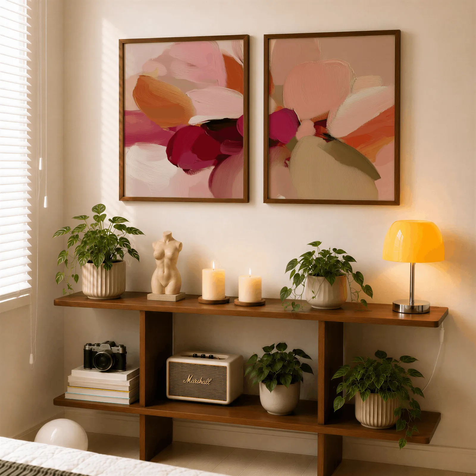 pink and orange abstract floral wall art set of 2, above a wooden console shelf with potted plants and a yellow lamp