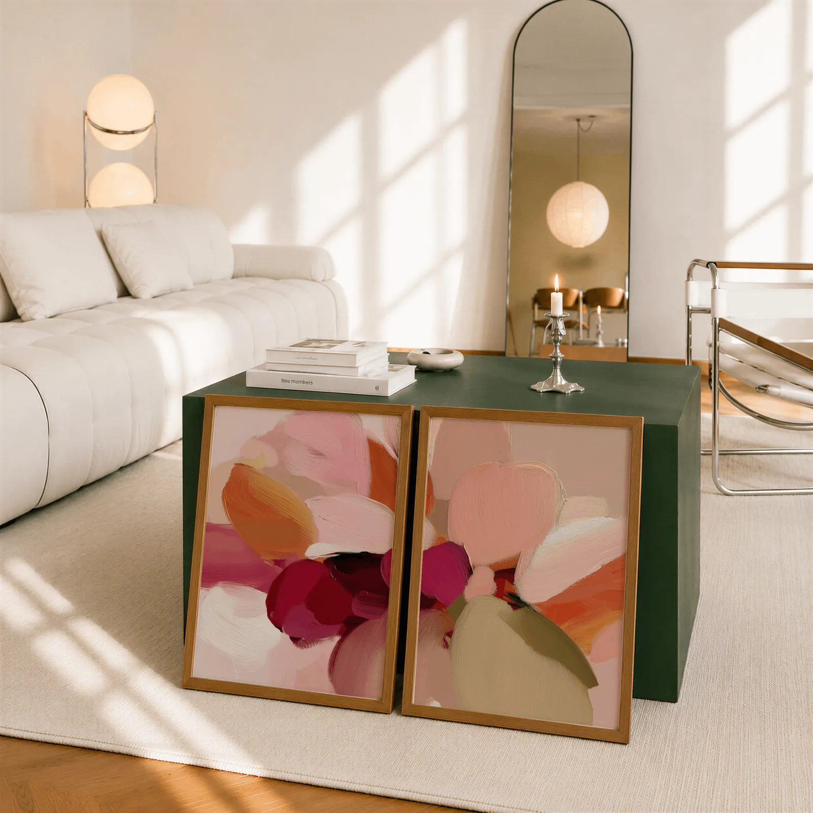 pink and orange abstract floral wall art set of 2, leaning against a dark green cube table beside an arched mirror