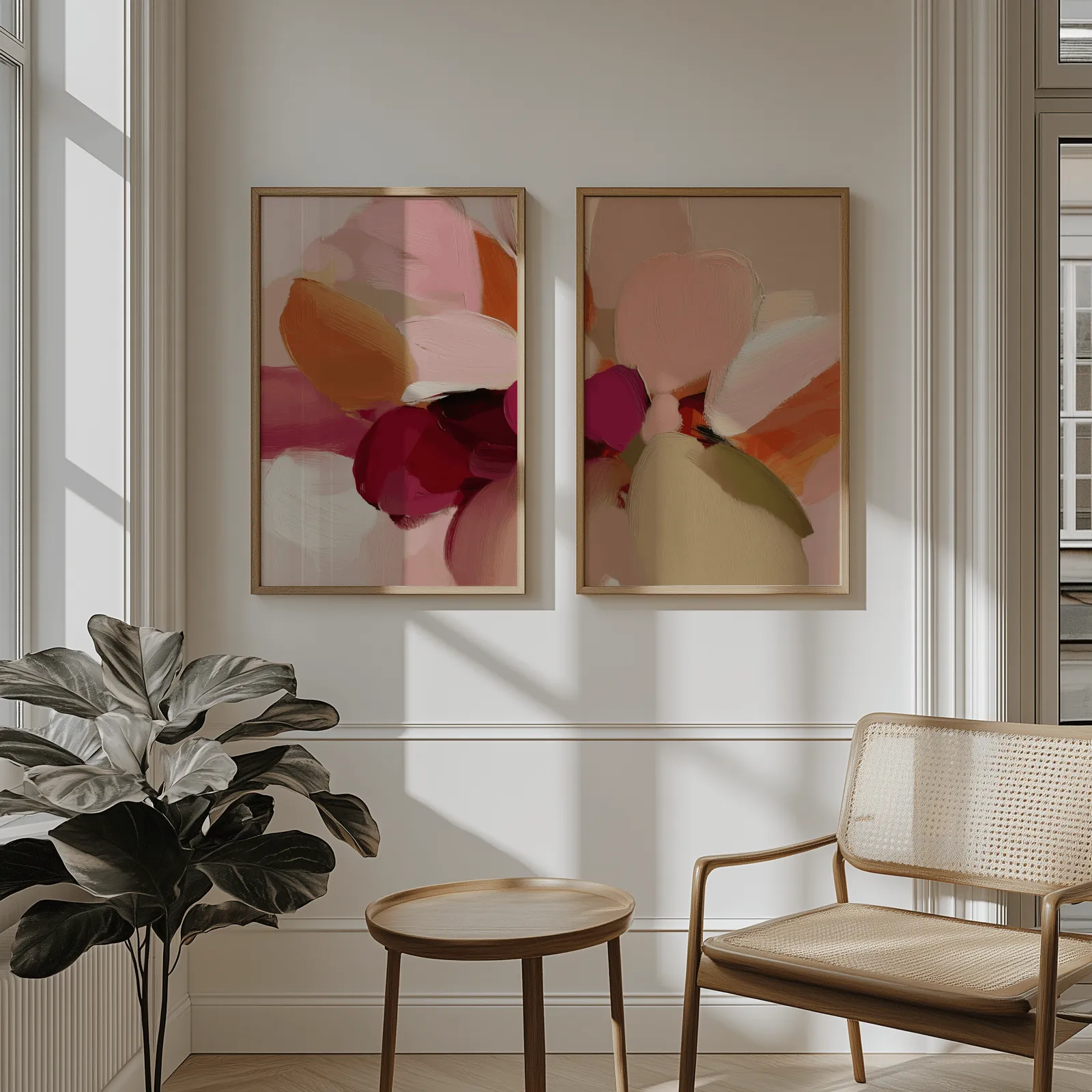 pink and orange abstract floral wall art set of 2, above wainscoting beside a cane armchair and fiddle-leaf fig