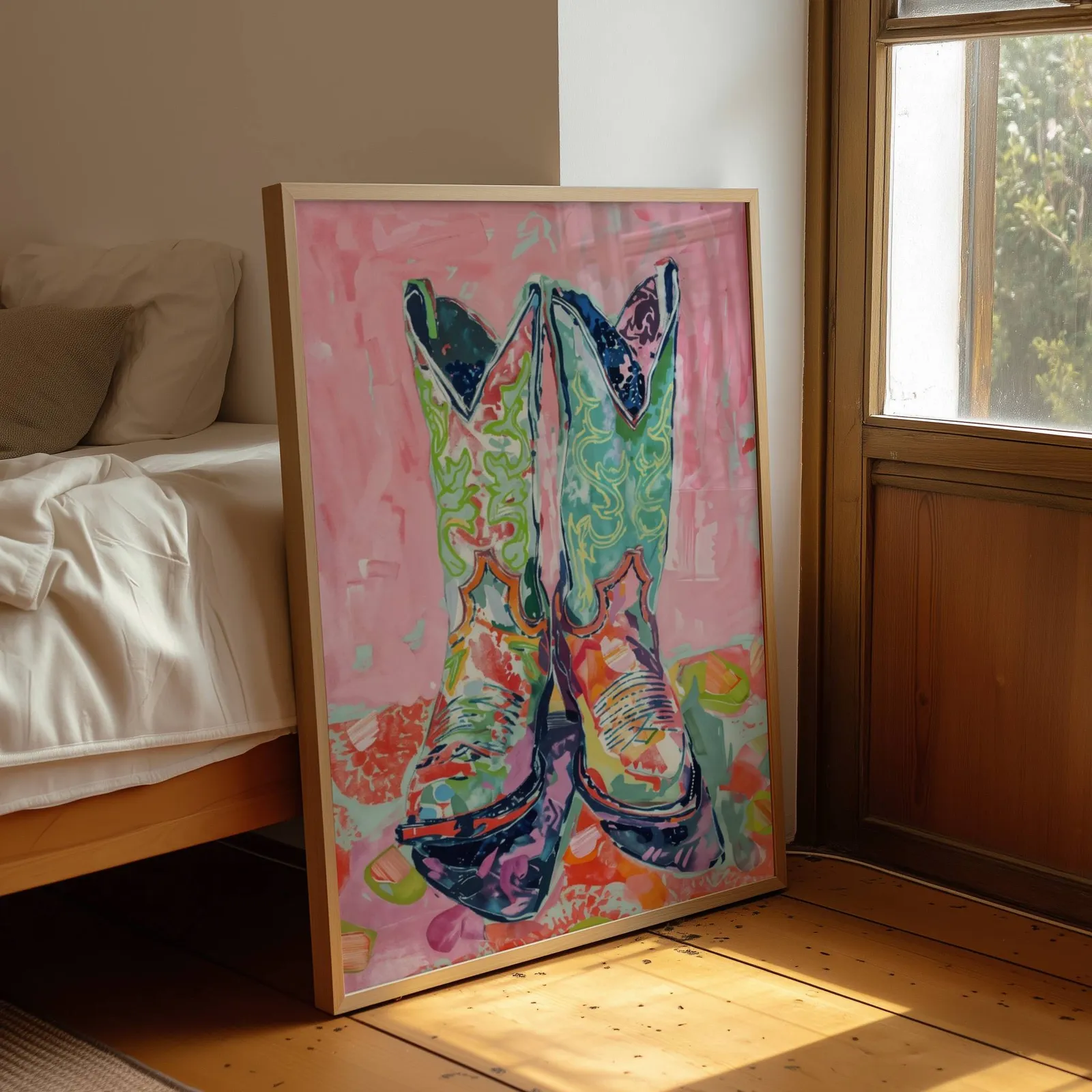 colorful cowgirl boots western wall art, leaning by a sunlit window beside an unmade bed