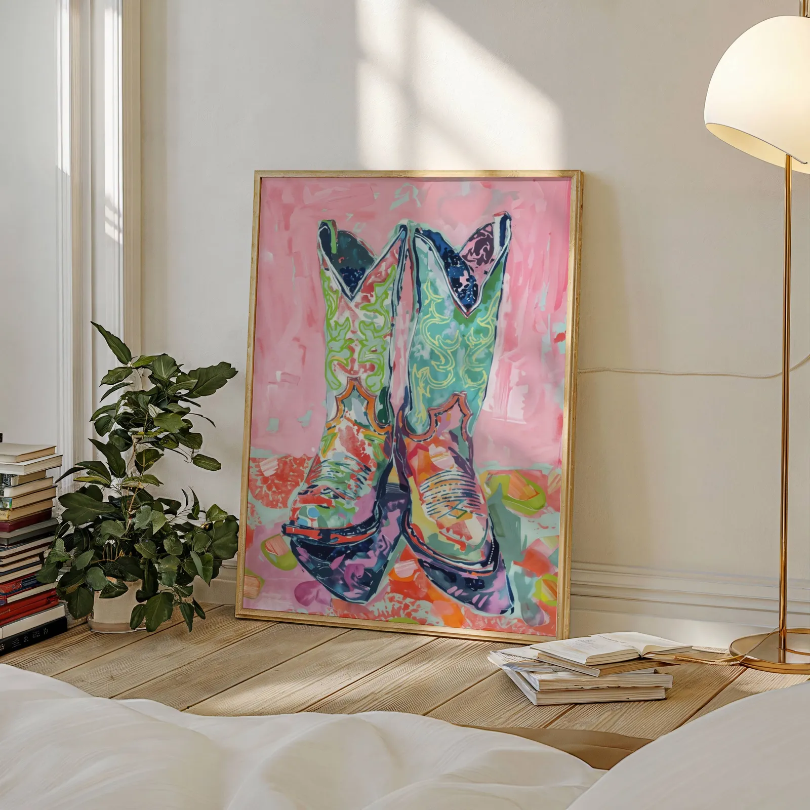 colorful cowgirl boots western wall art, leaning against a sunlit wall beside a stacked bookshelf and fiddle-leaf plant