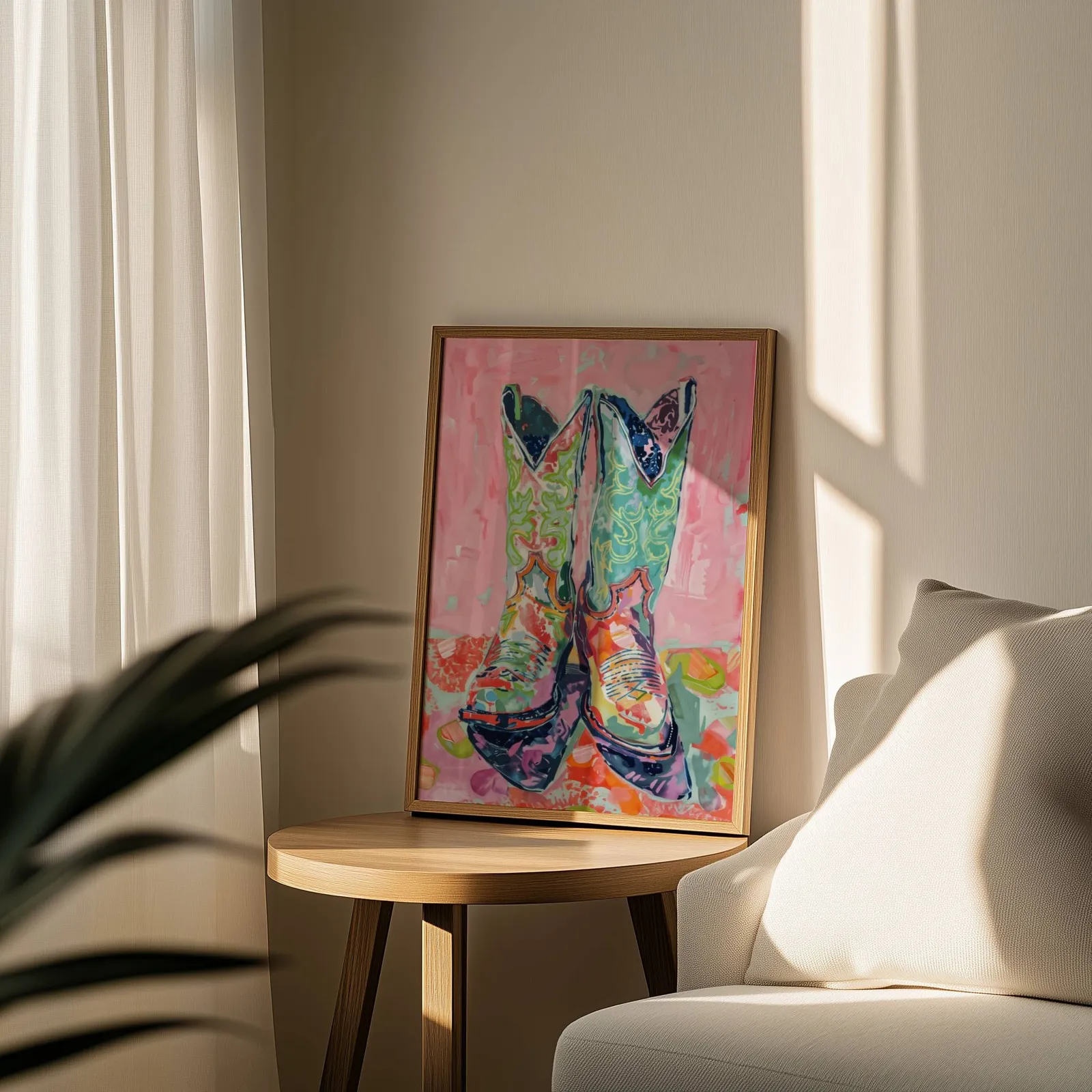 colorful cowgirl boots western wall art, leaning on a round wooden side table by a sheer curtain