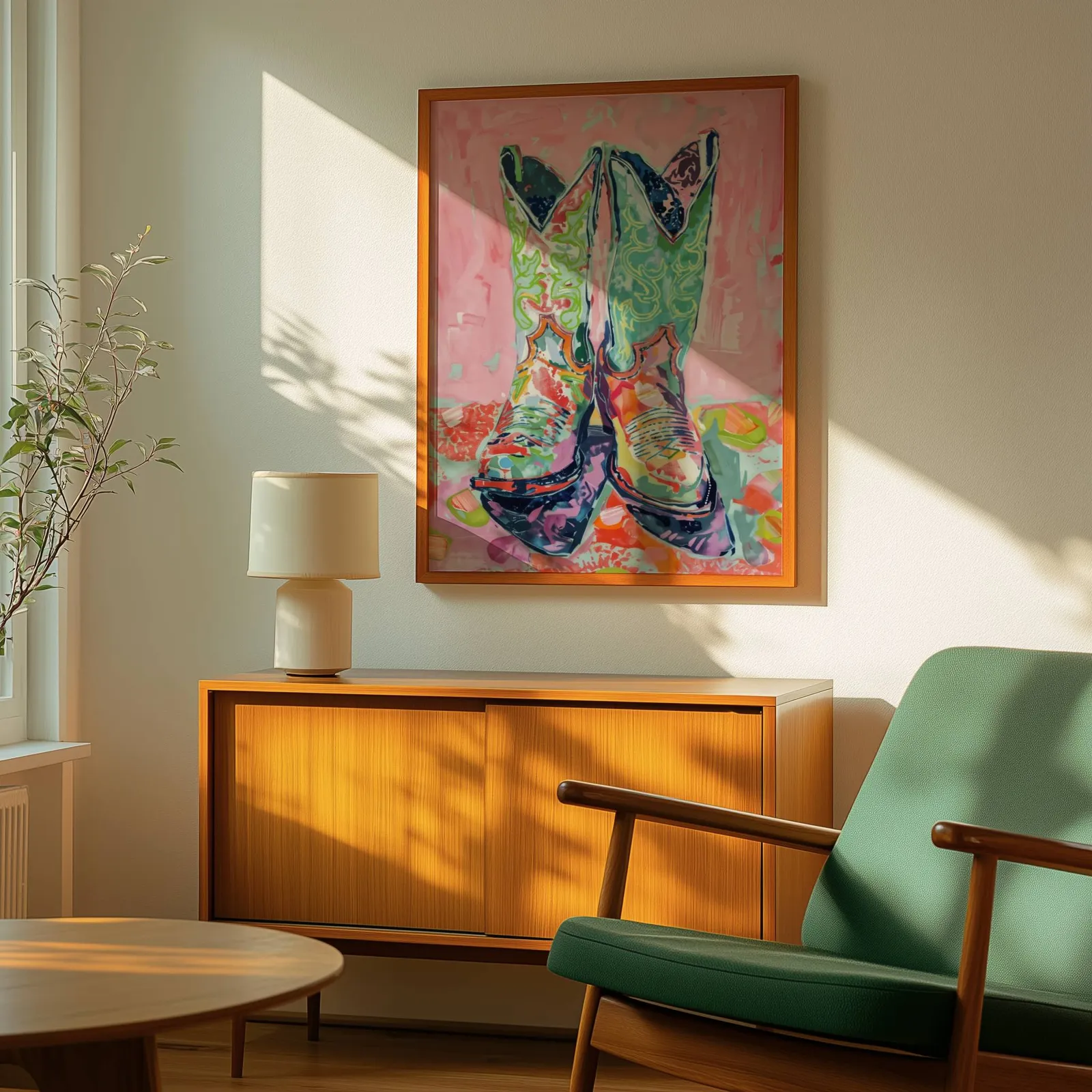 colorful cowgirl boots western wall art, above a wooden sideboard with a ceramic lamp and dappled sunlight