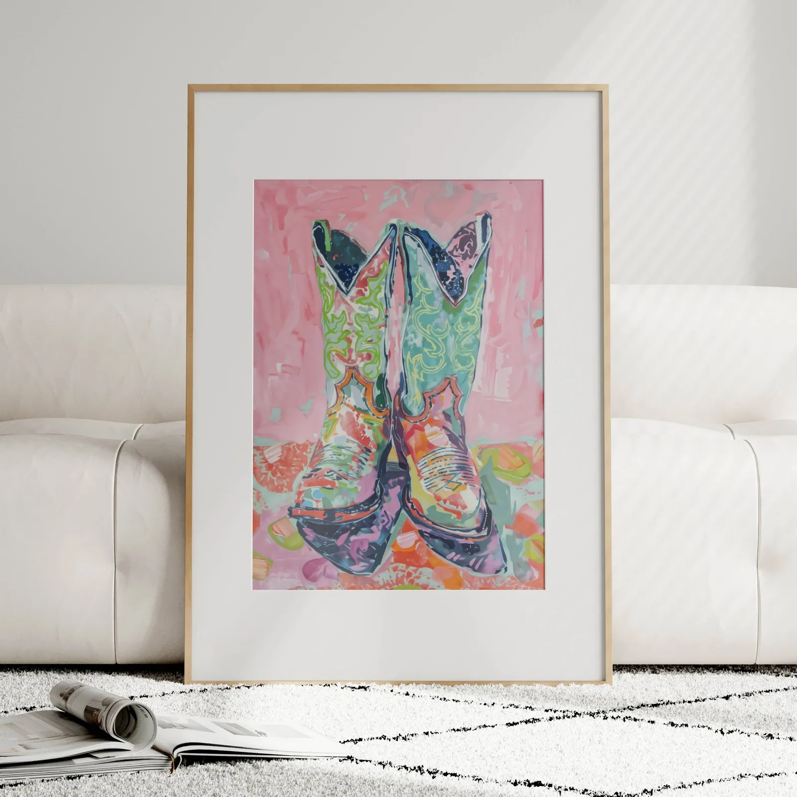 colorful cowgirl boots western wall art, leaning against a plush cream sofa on a patterned rug
