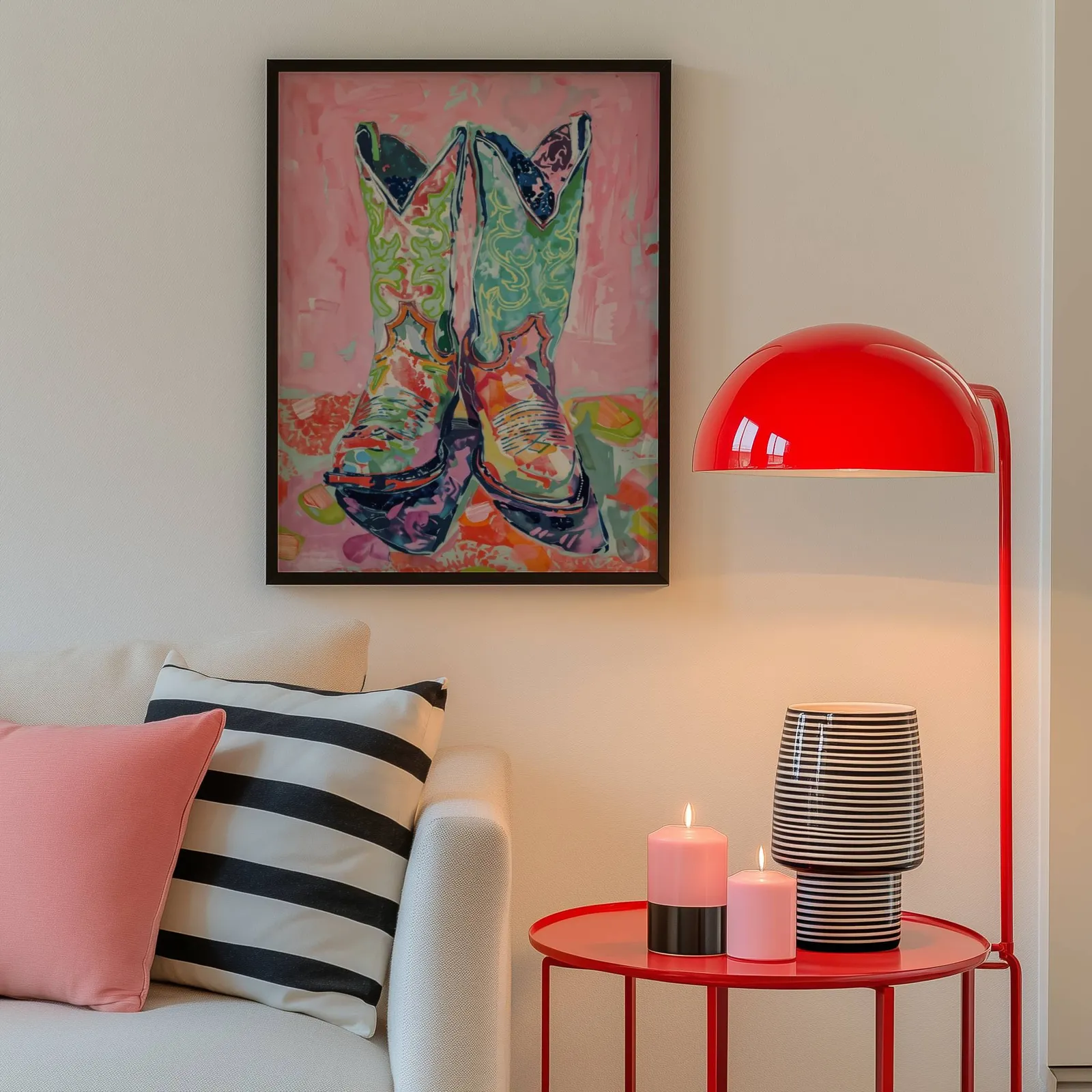 colorful cowgirl boots western wall art, above a cream sofa beside a glossy red dome lamp