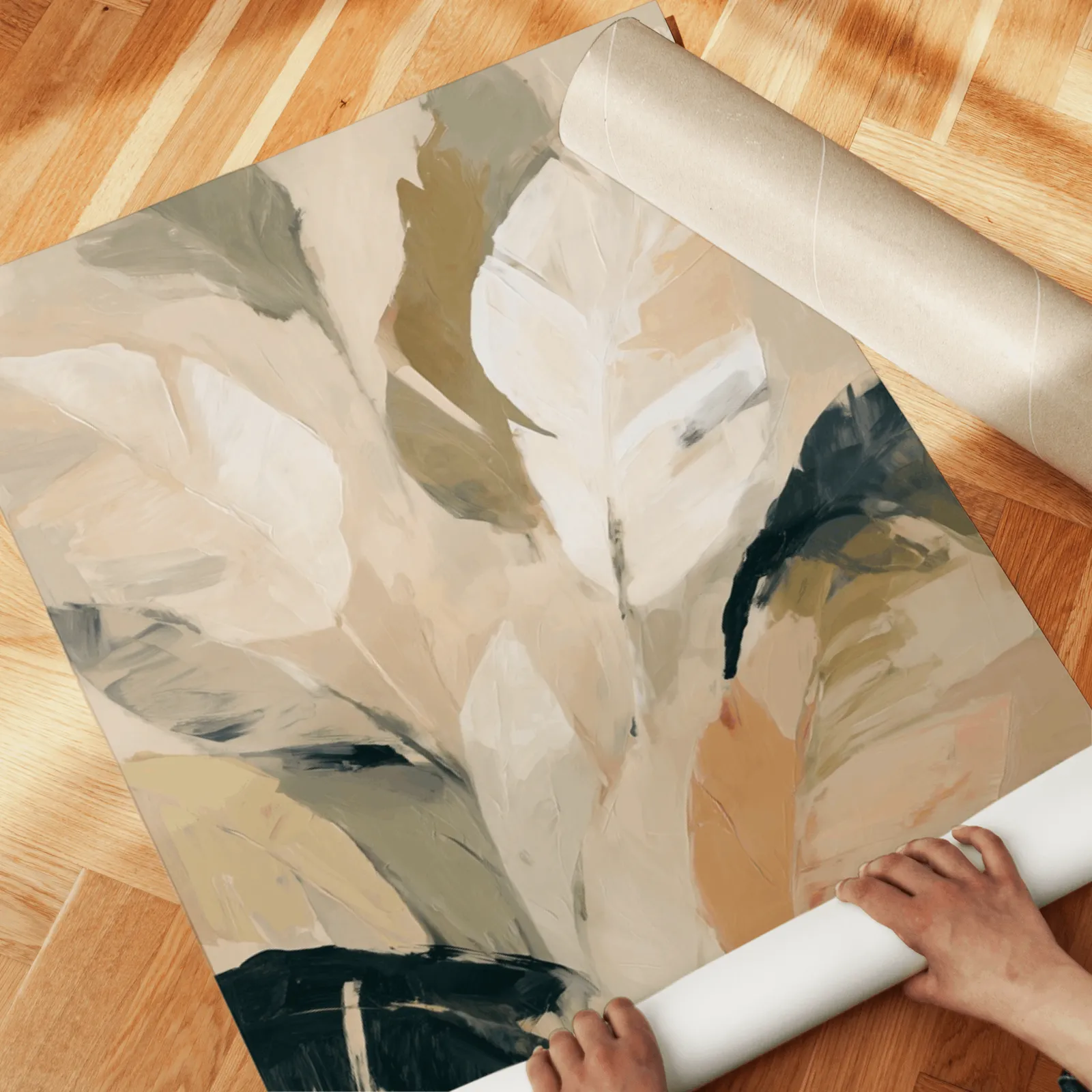 beige botanical leaves wall art set of 2, unrolled across a herringbone parquet floor by hand