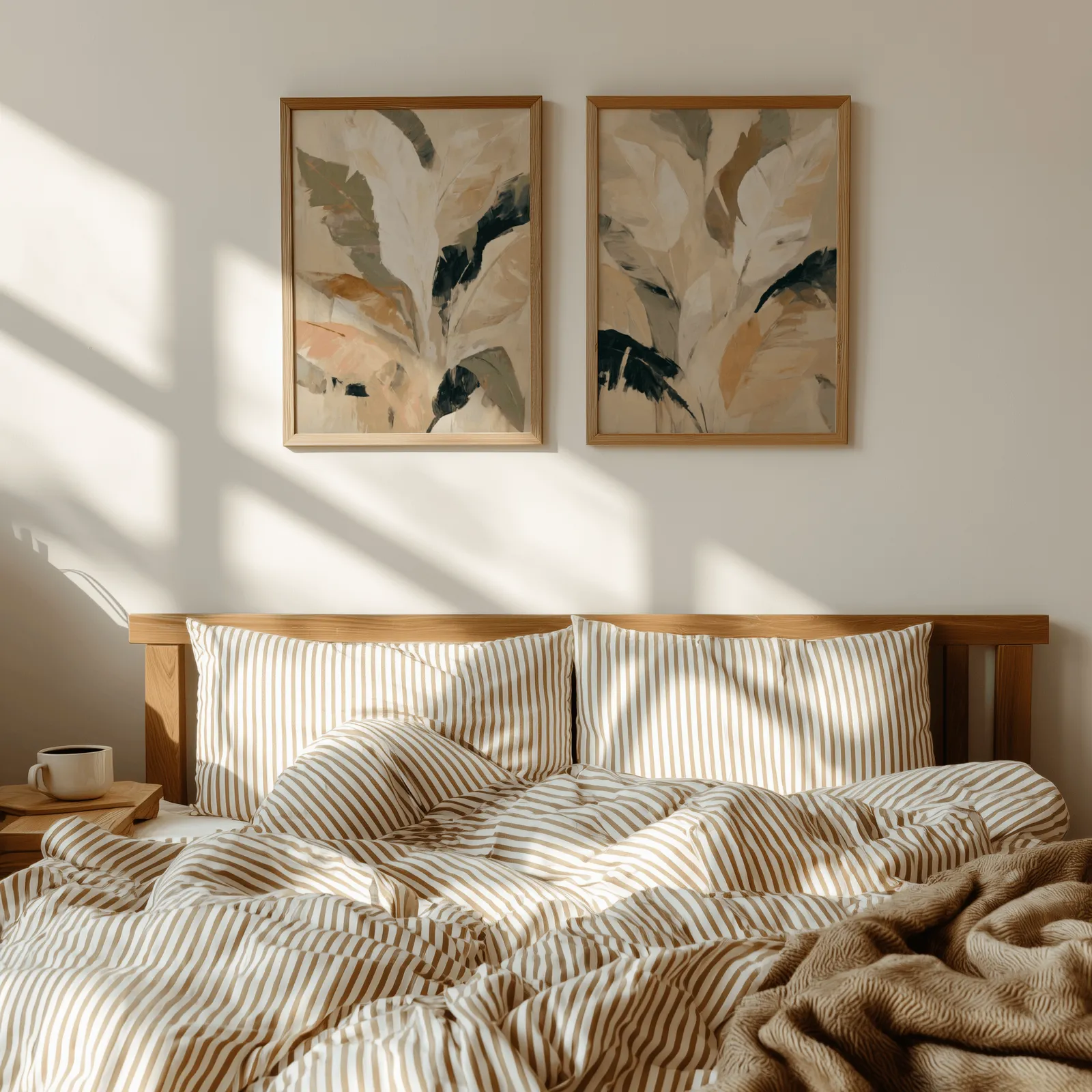 beige botanical leaves wall art set of 2, above a wooden headboard with striped bedding and raking sunlight
