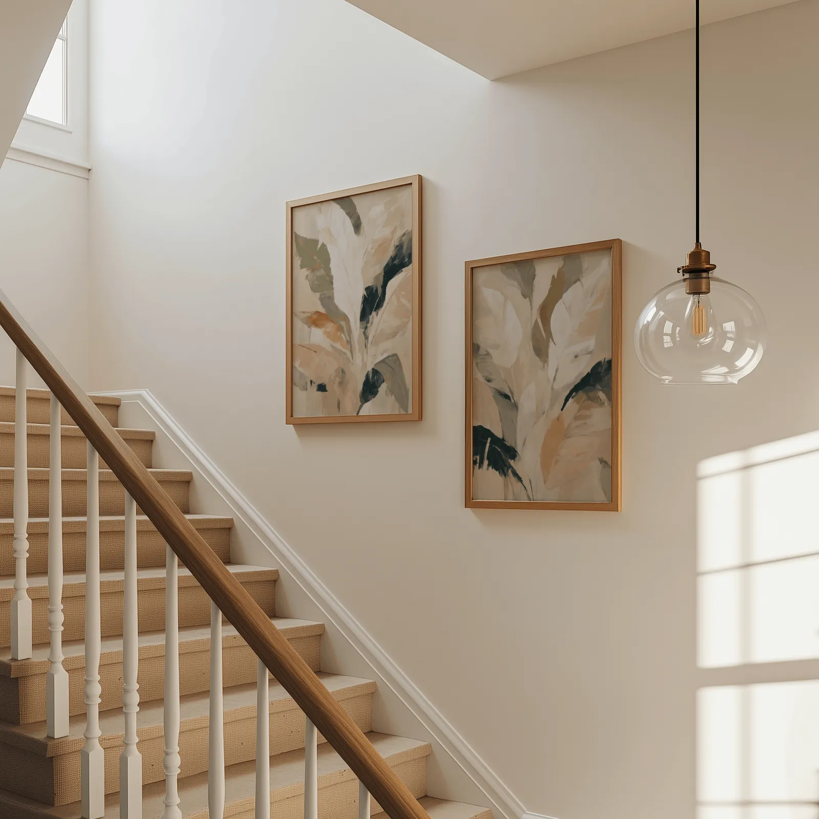 beige botanical leaves wall art set of 2, beside a carpeted staircase under a glass pendant light