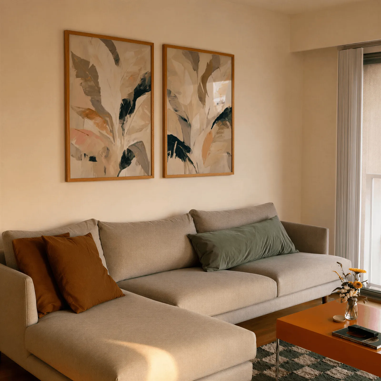 beige botanical leaves wall art set of 2, side by side above a beige sectional sofa