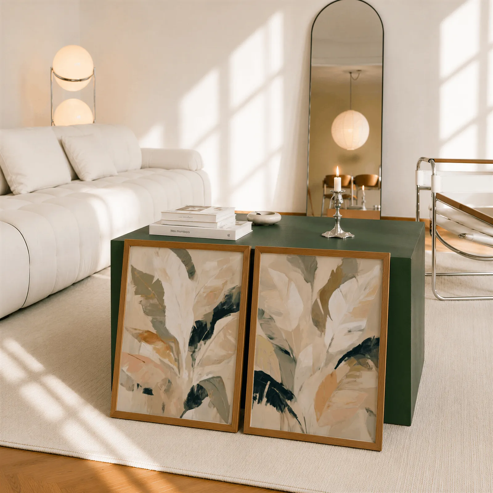 beige botanical leaves wall art set of 2, leaning against a dark green cube table beside an arched mirror
