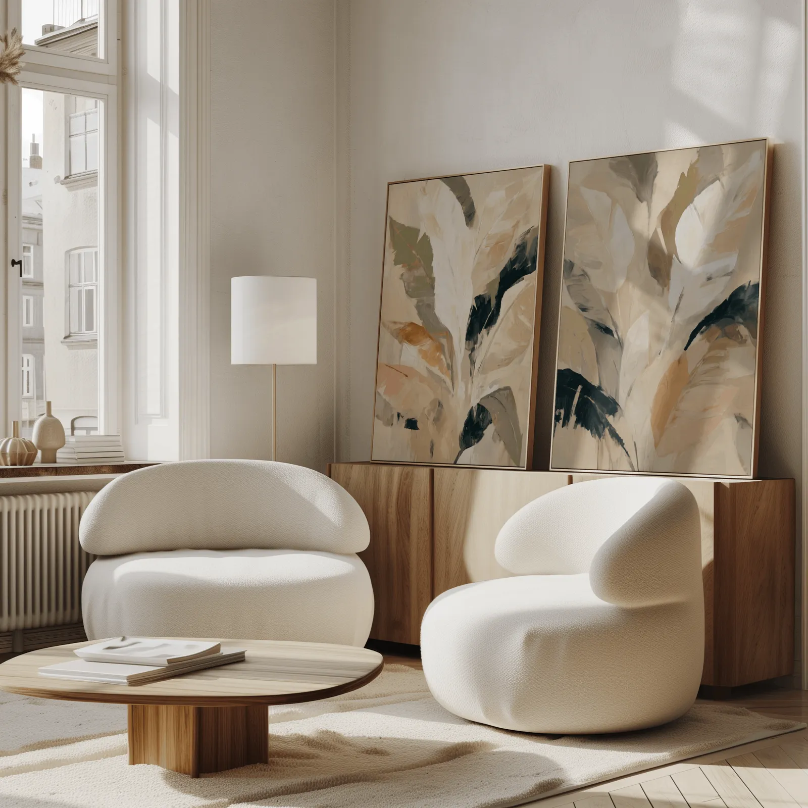 beige botanical leaves wall art set of 2, propped against a wooden sideboard beside boucle armchairs