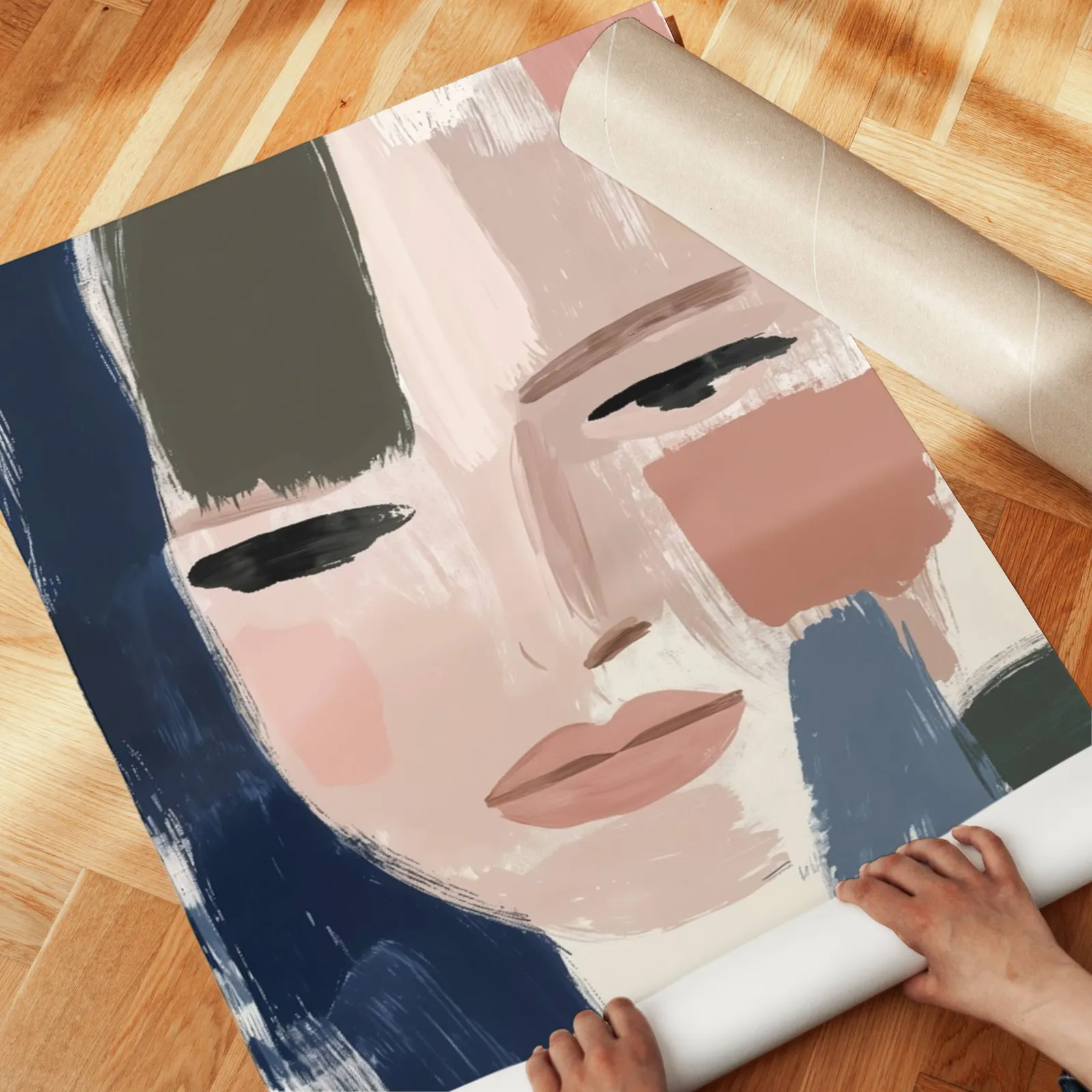 abstract woman face art in blue and terracotta, unrolled across a herringbone parquet floor by hand