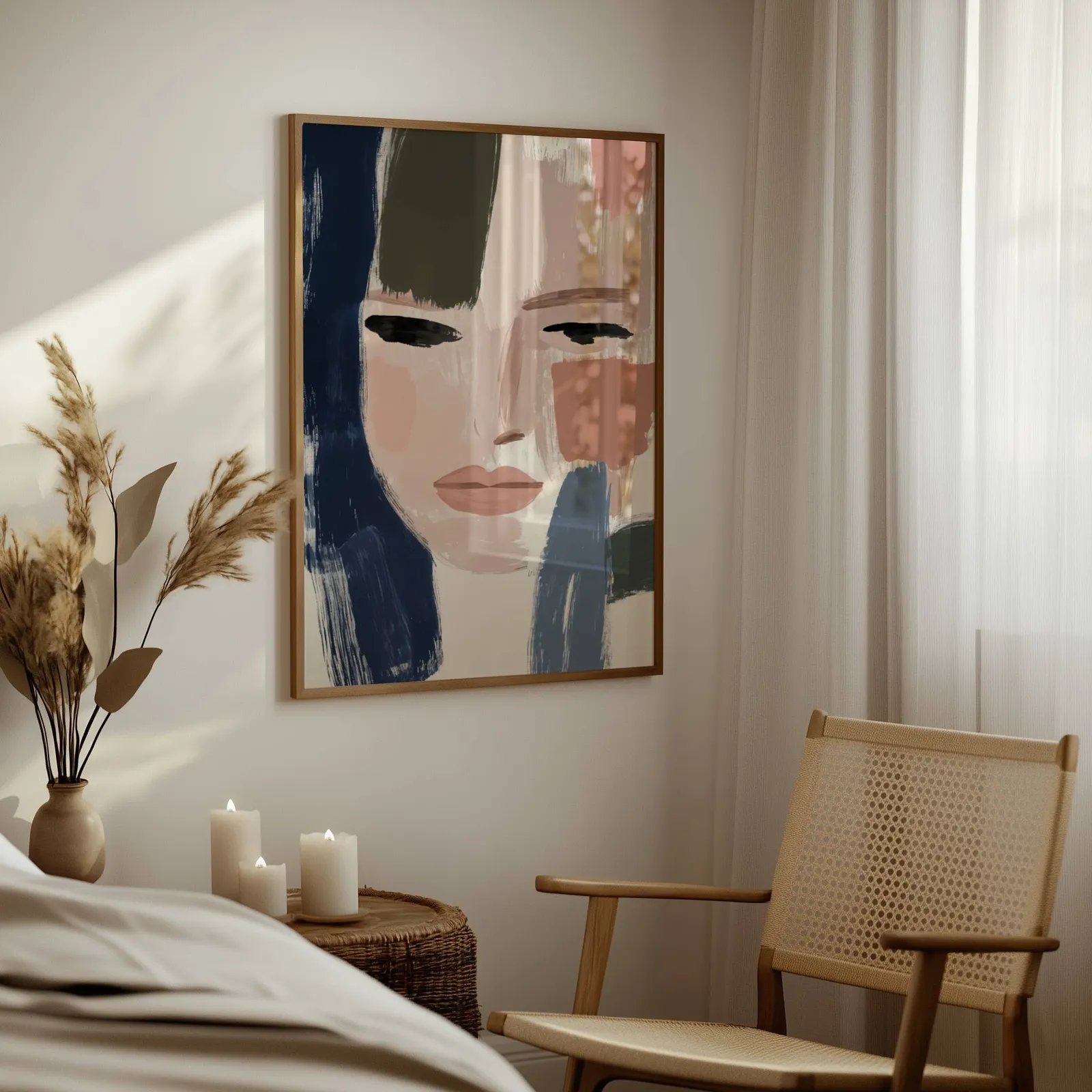 abstract woman face art in blue and terracotta, above a woven side table with lit candles and pampas grass