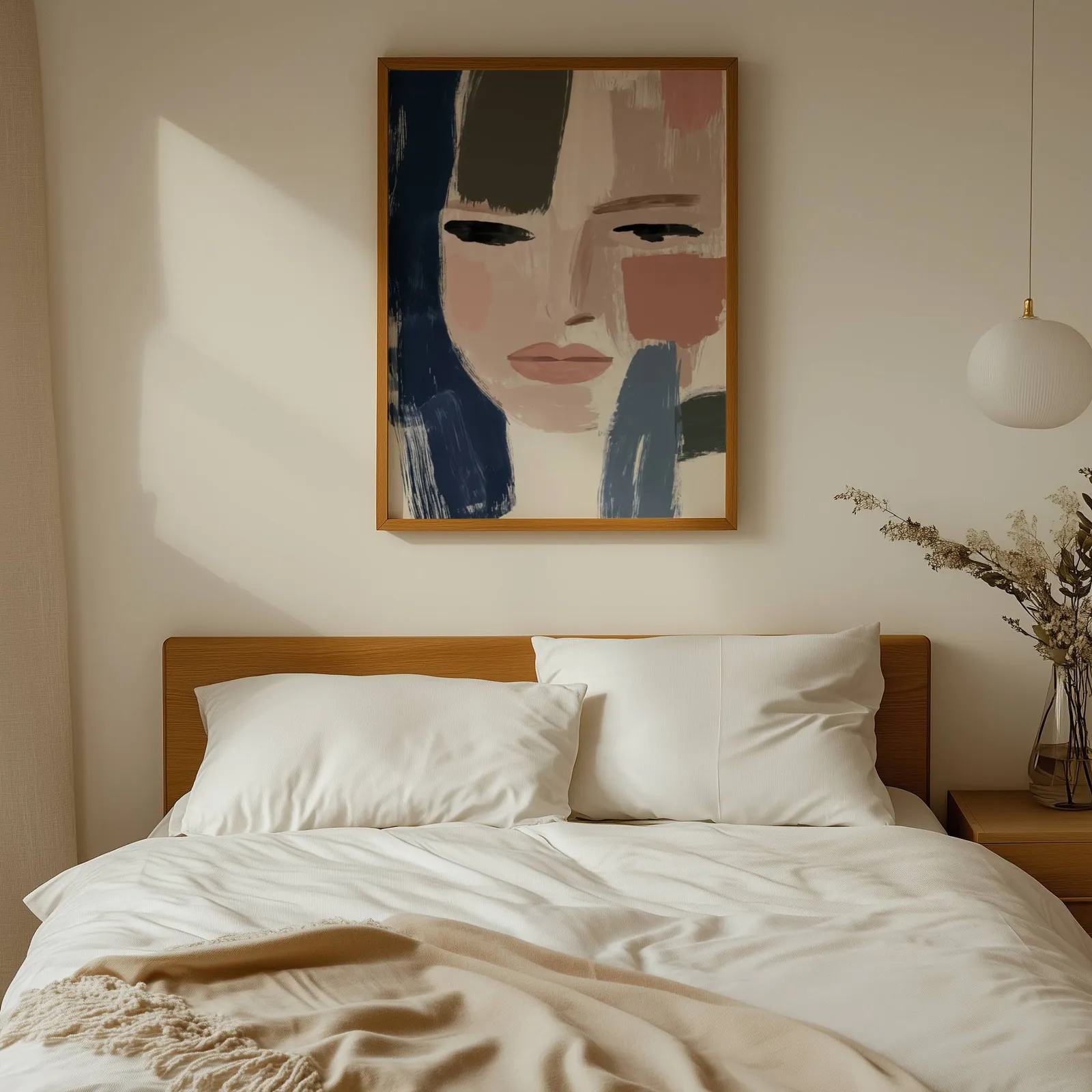 abstract woman face art in blue and terracotta, above a wooden headboard with white linen pillows