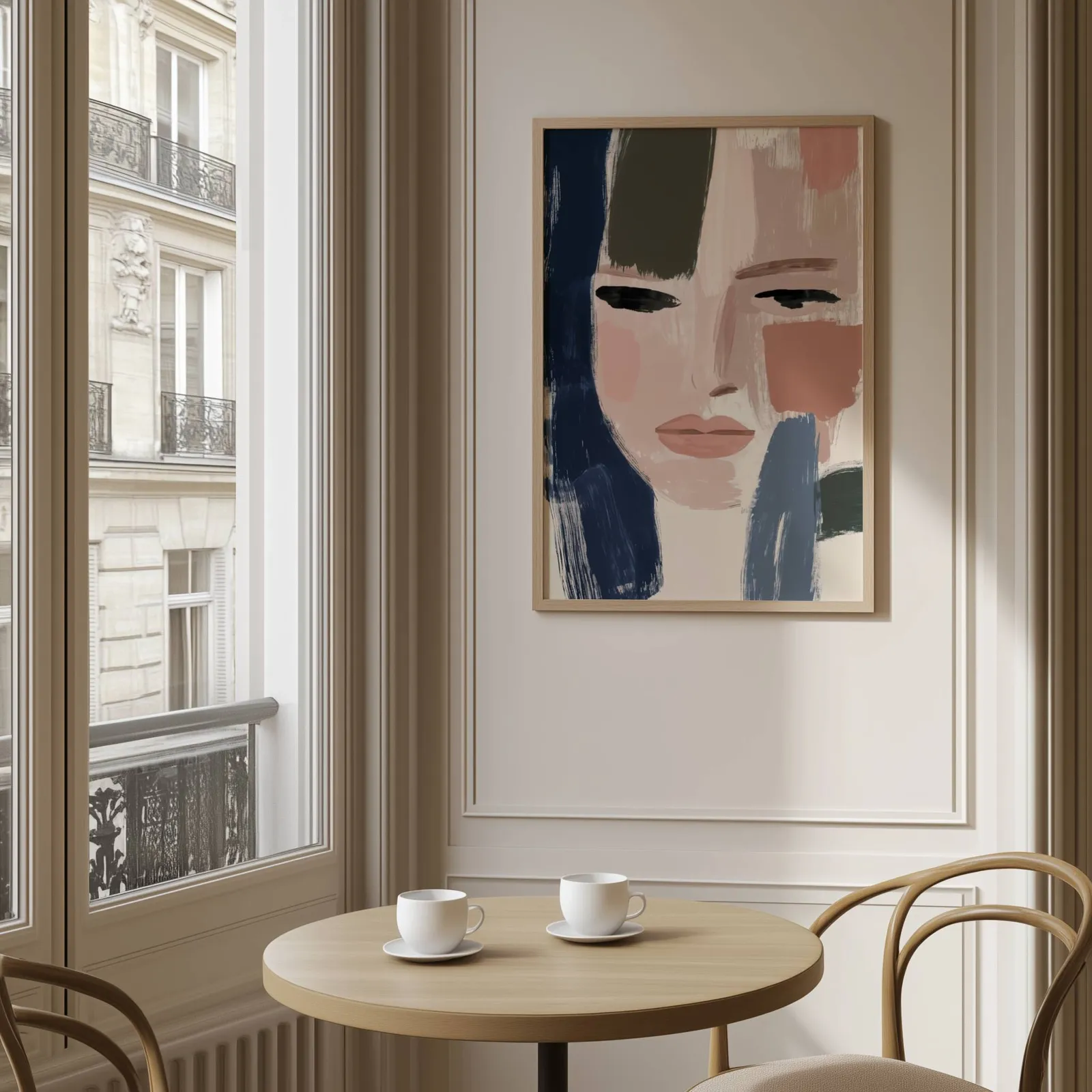abstract woman face art in blue and terracotta, above a round café table set with two coffee cups