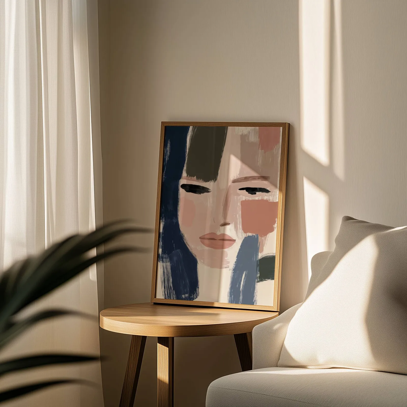 abstract woman face art in blue and terracotta, leaning on a round wooden side table by a sheer curtain