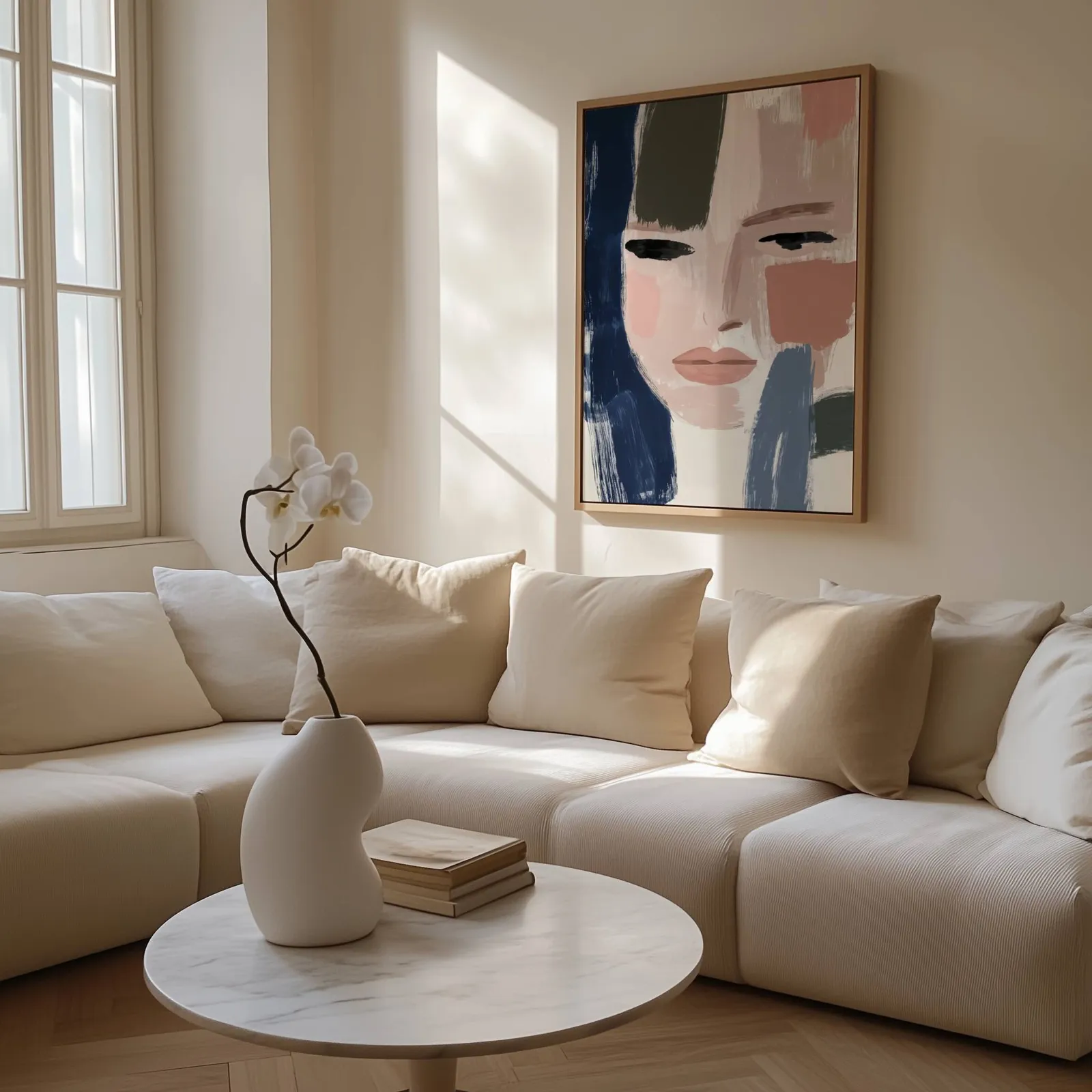 abstract woman face art in blue and terracotta, above a cream sectional beside a tall sunlit window