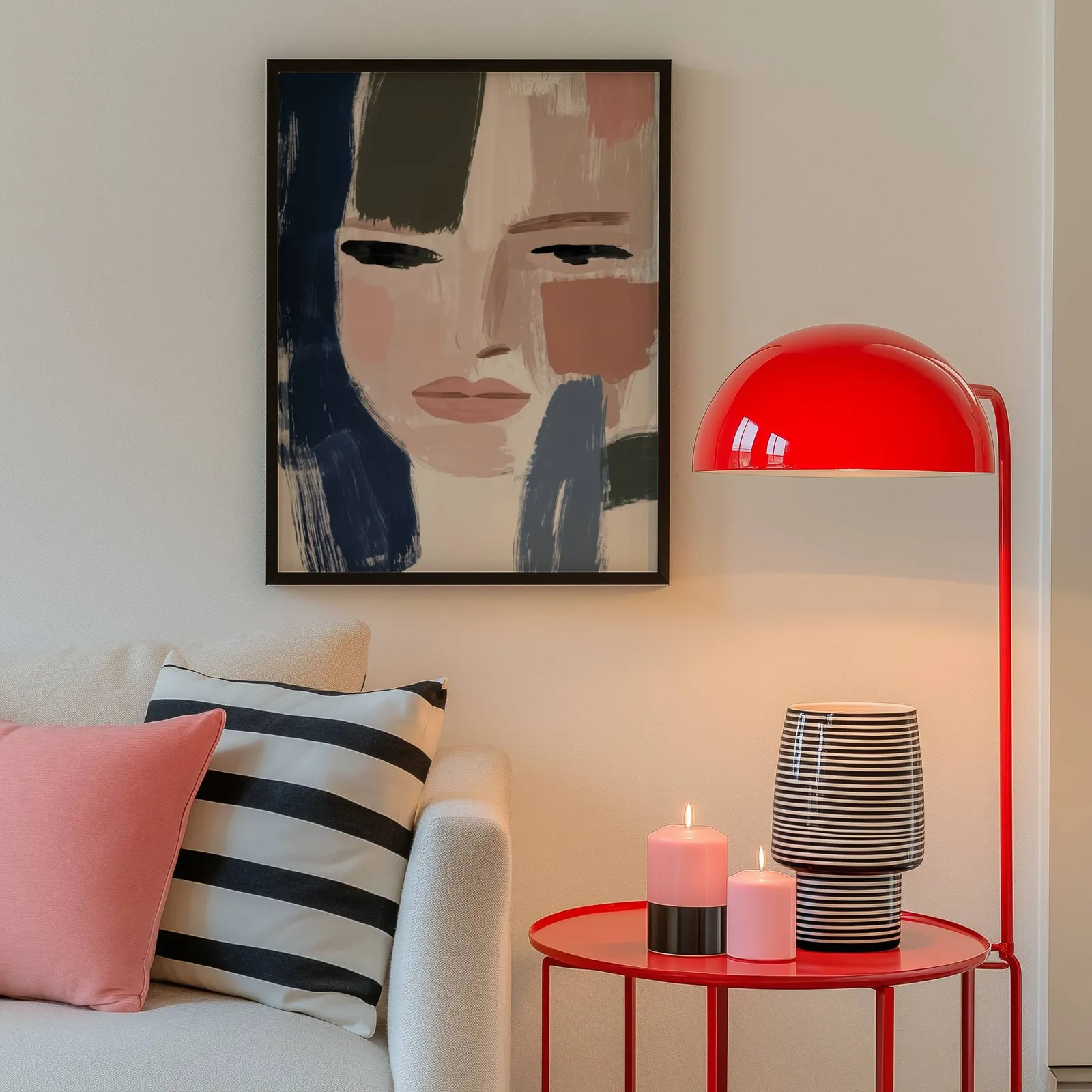 abstract woman face art in blue and terracotta, above a cream sofa beside a glossy red dome lamp