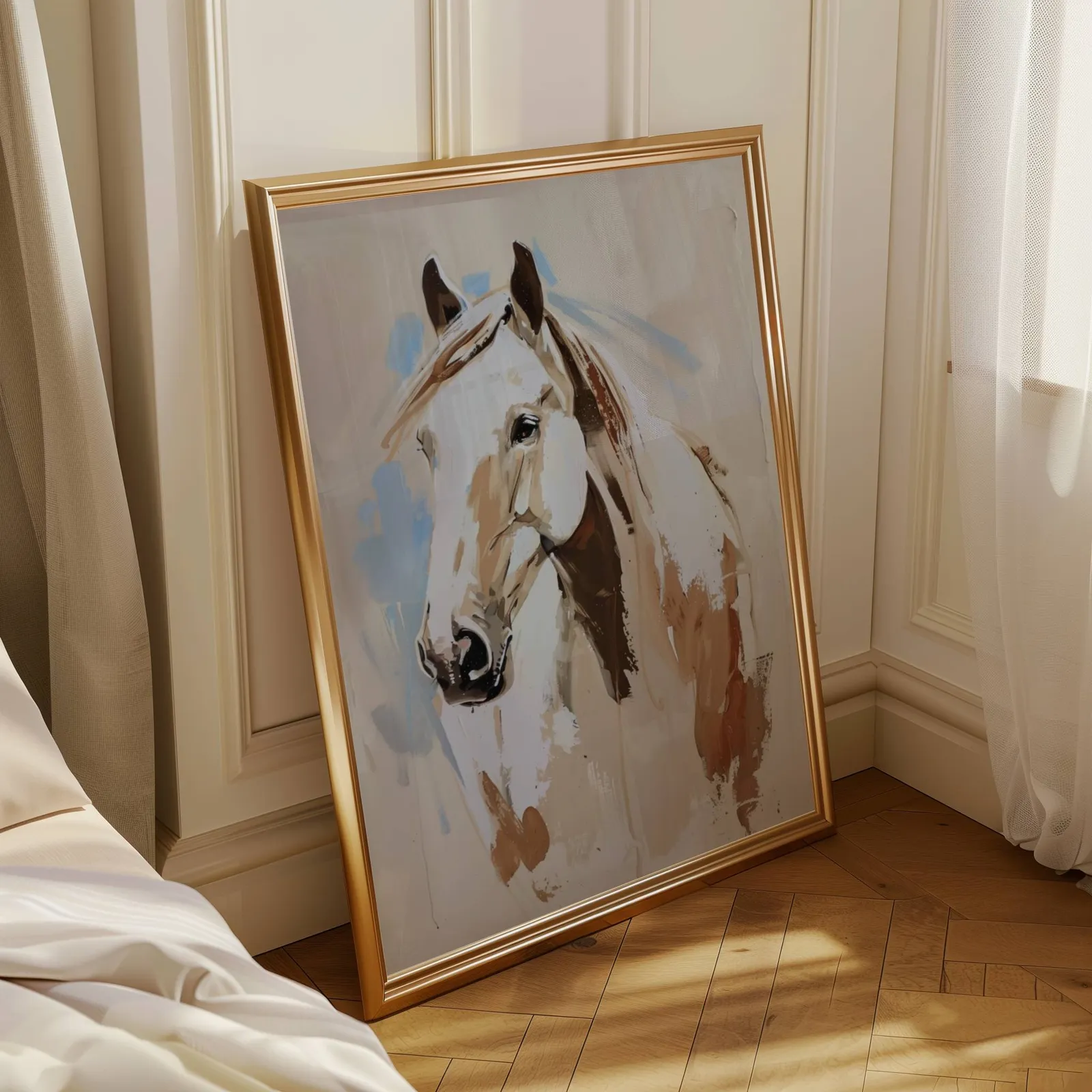 blue and beige western horse wall art, leaning in a sunlit corner beside sheer curtains and herringbone floor