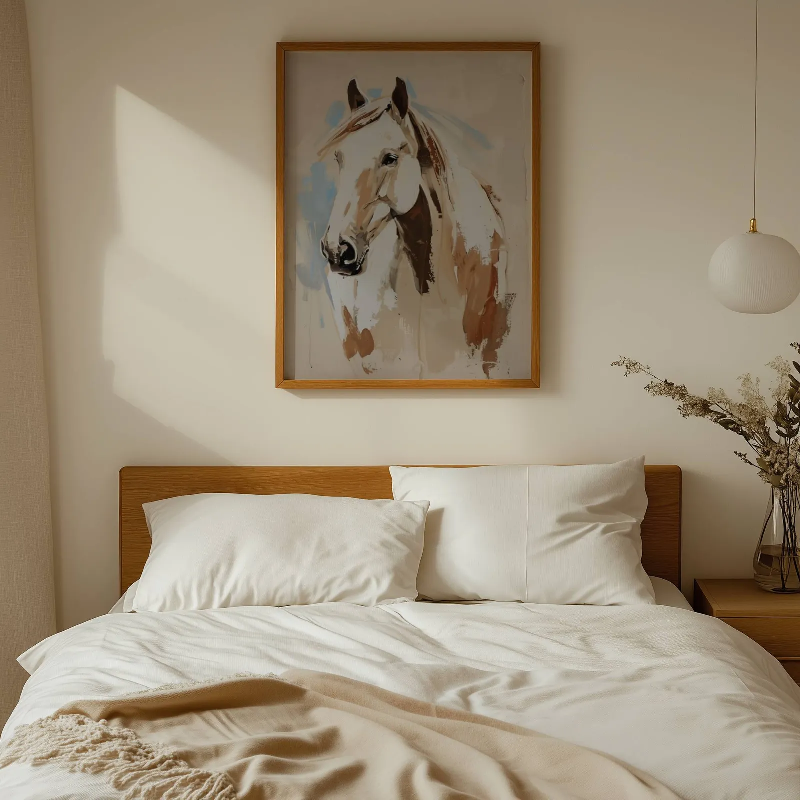 blue and beige western horse wall art, above a wooden headboard with white linen pillows