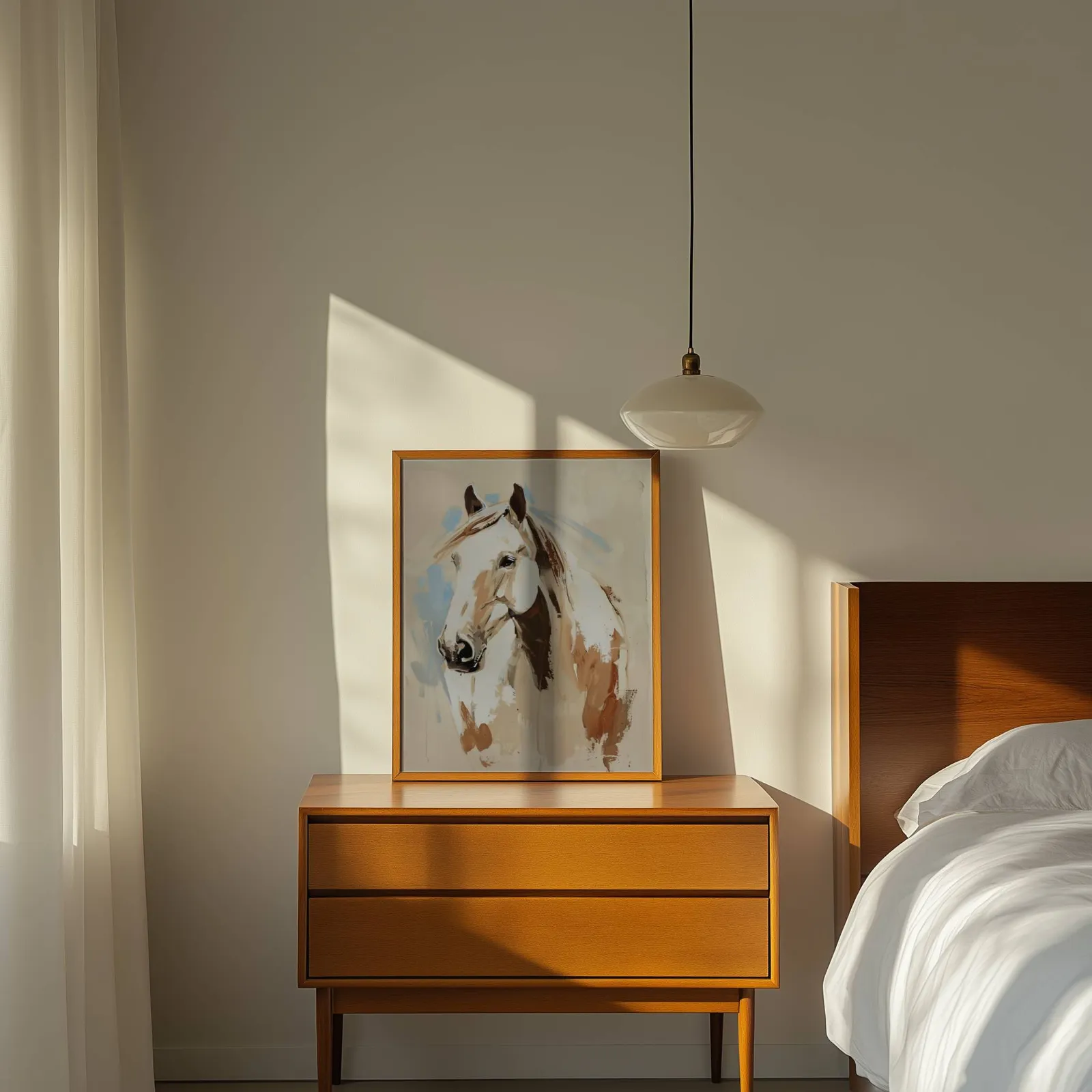 blue and beige western horse wall art, propped on a wooden dresser beside a pendant lamp