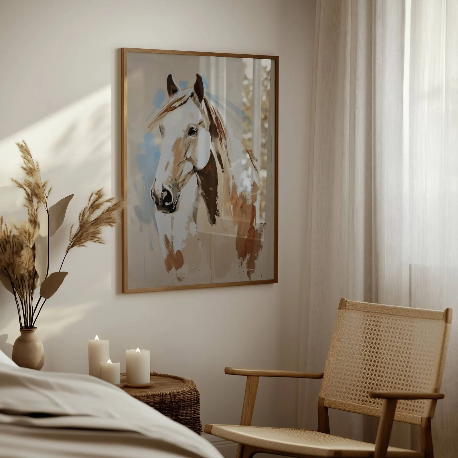 blue and beige western horse wall art, above a woven side table with lit candles and pampas grass