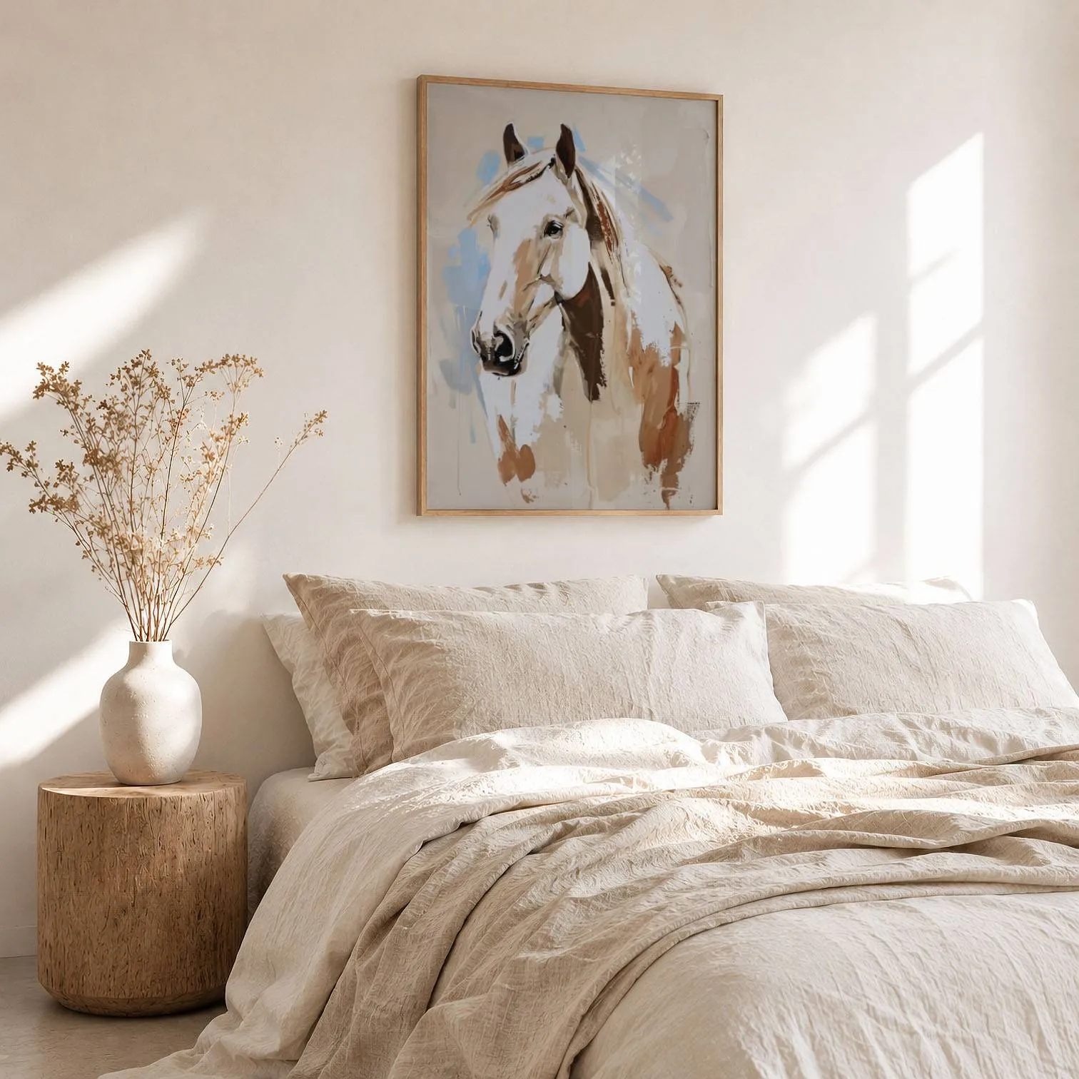 blue and beige western horse wall art, above a rumpled linen bed beside a stump side table