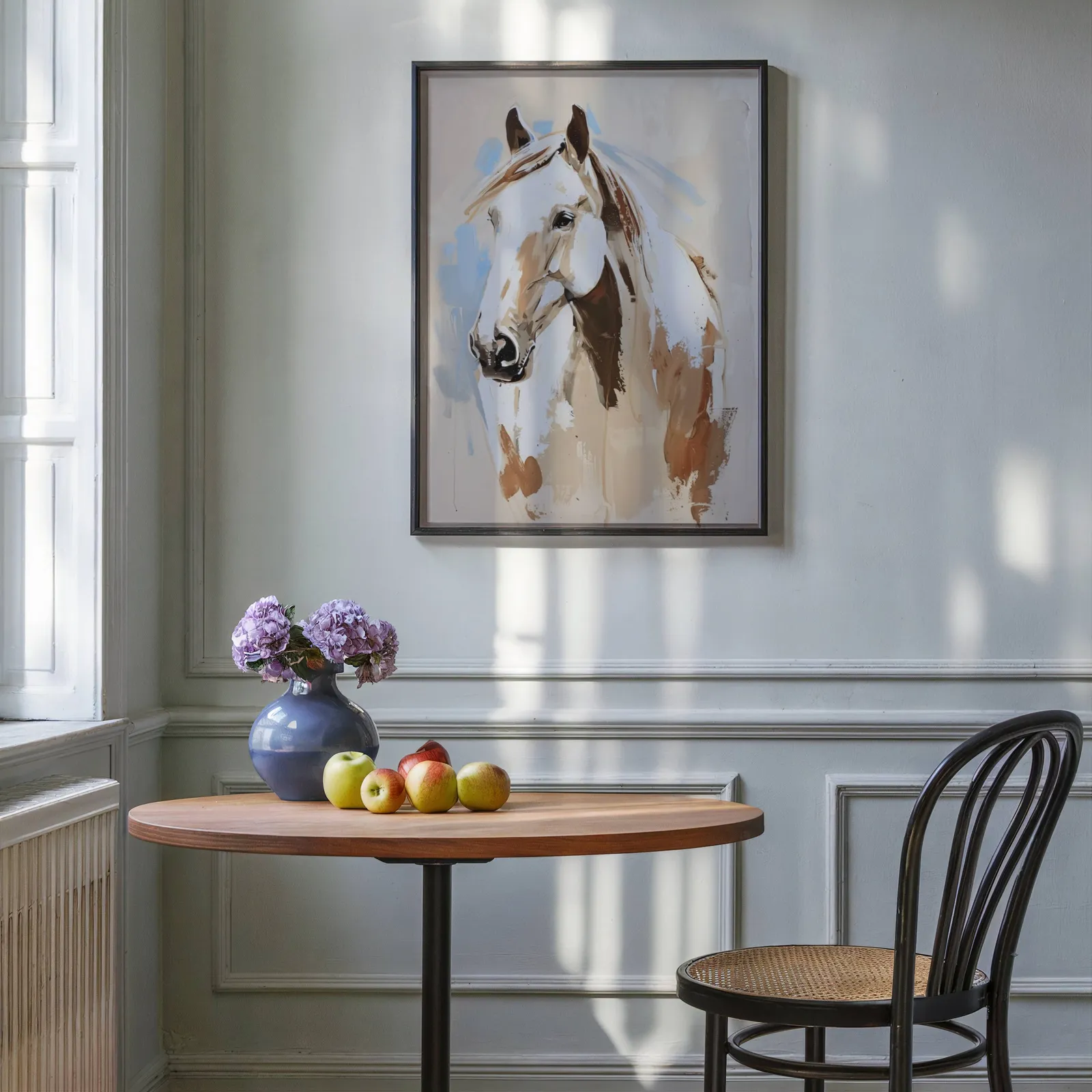 blue and beige western horse wall art, above a round wooden table with apples and a blue vase
