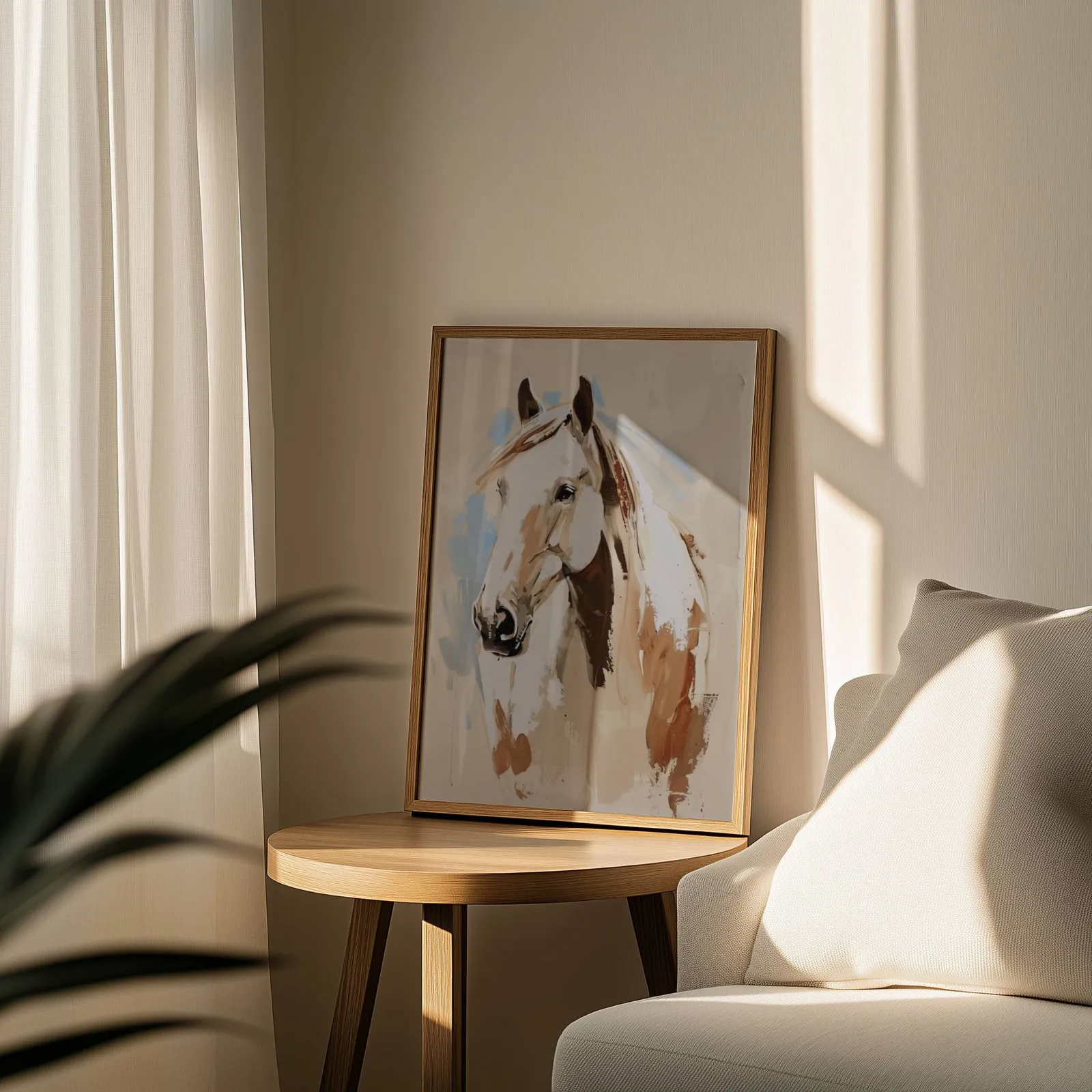 blue and beige western horse wall art, leaning on a round wooden side table by a sheer curtain