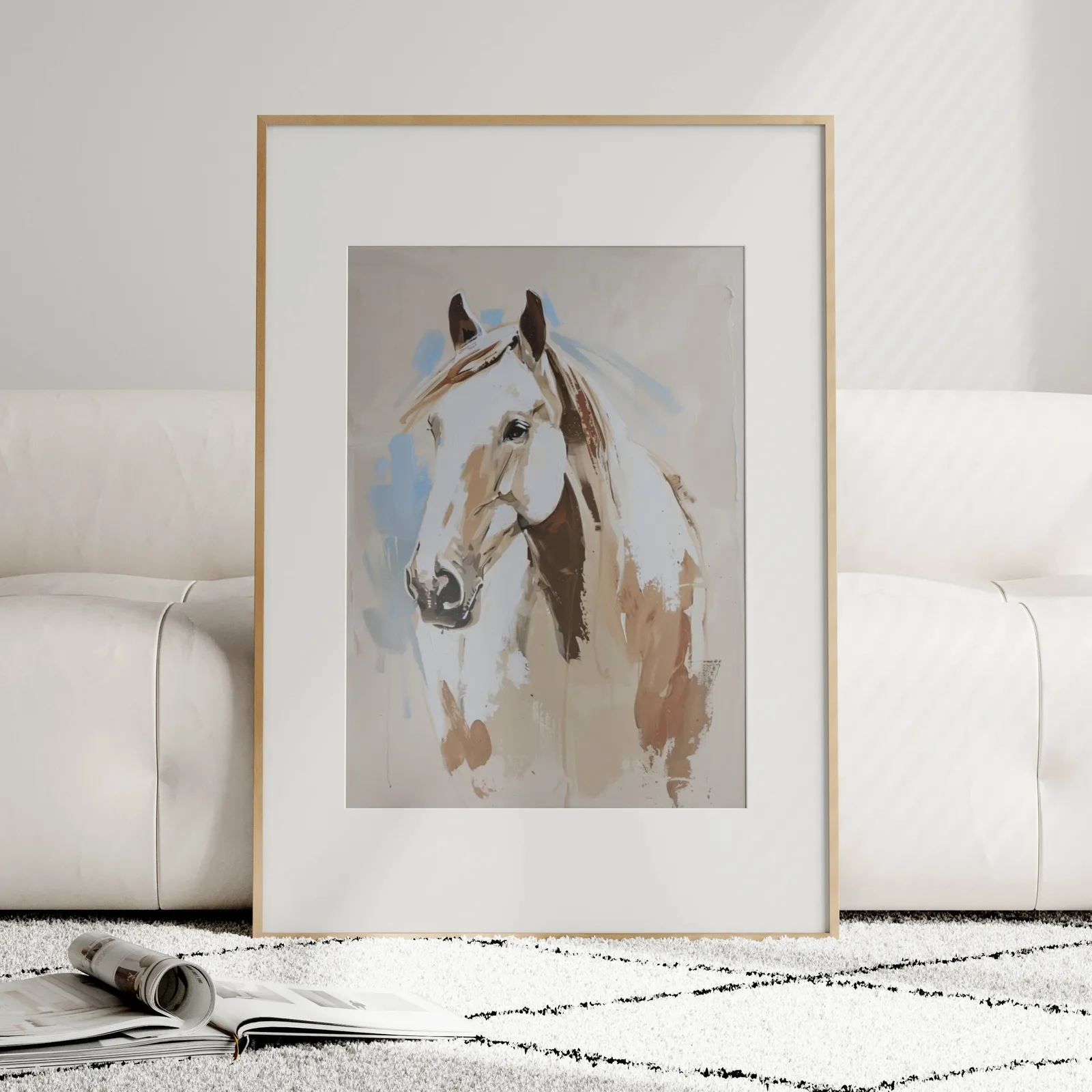 blue and beige western horse wall art, leaning against a plush cream sofa on a patterned rug