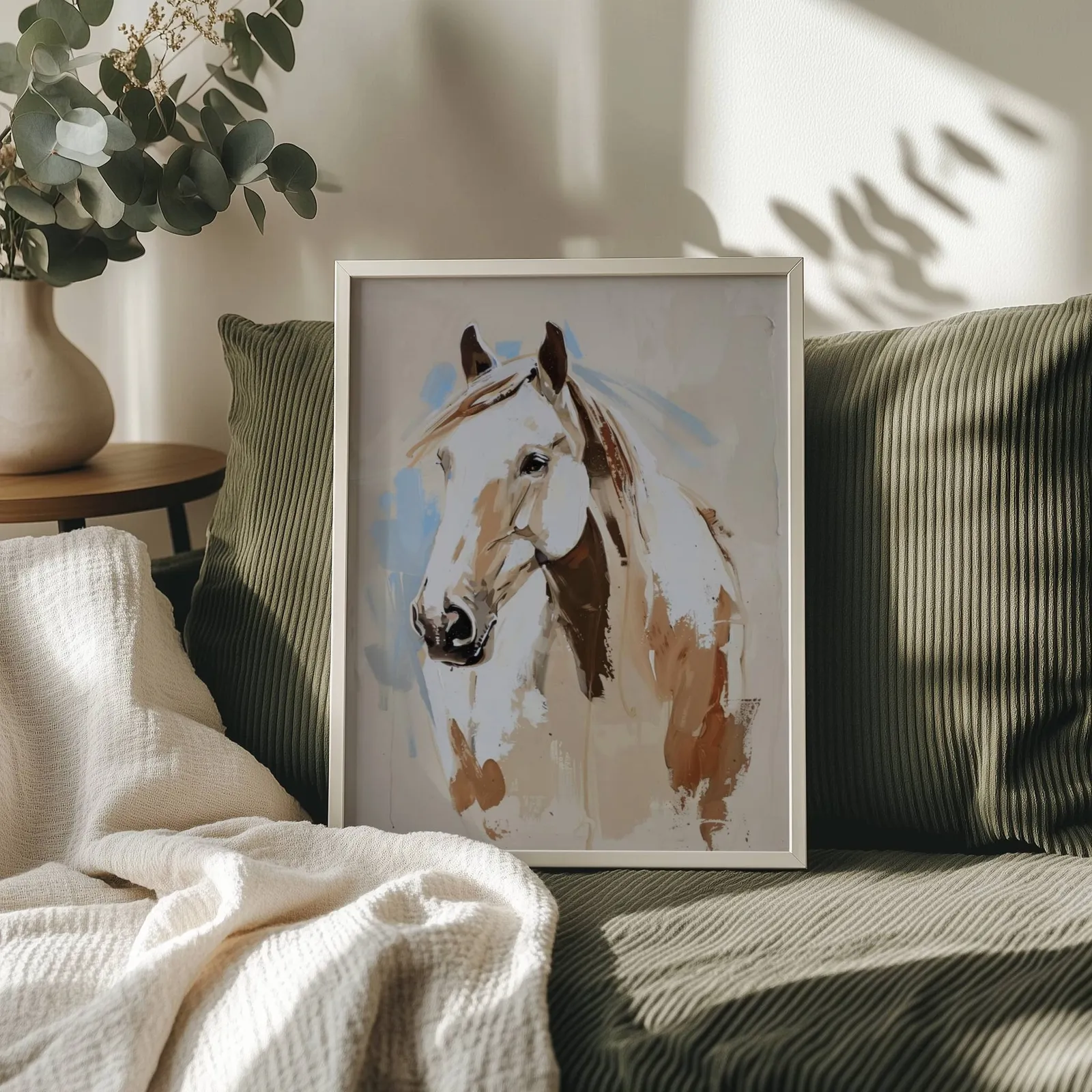 blue and beige western horse wall art, propped on an olive corduroy sofa beside a eucalyptus vase