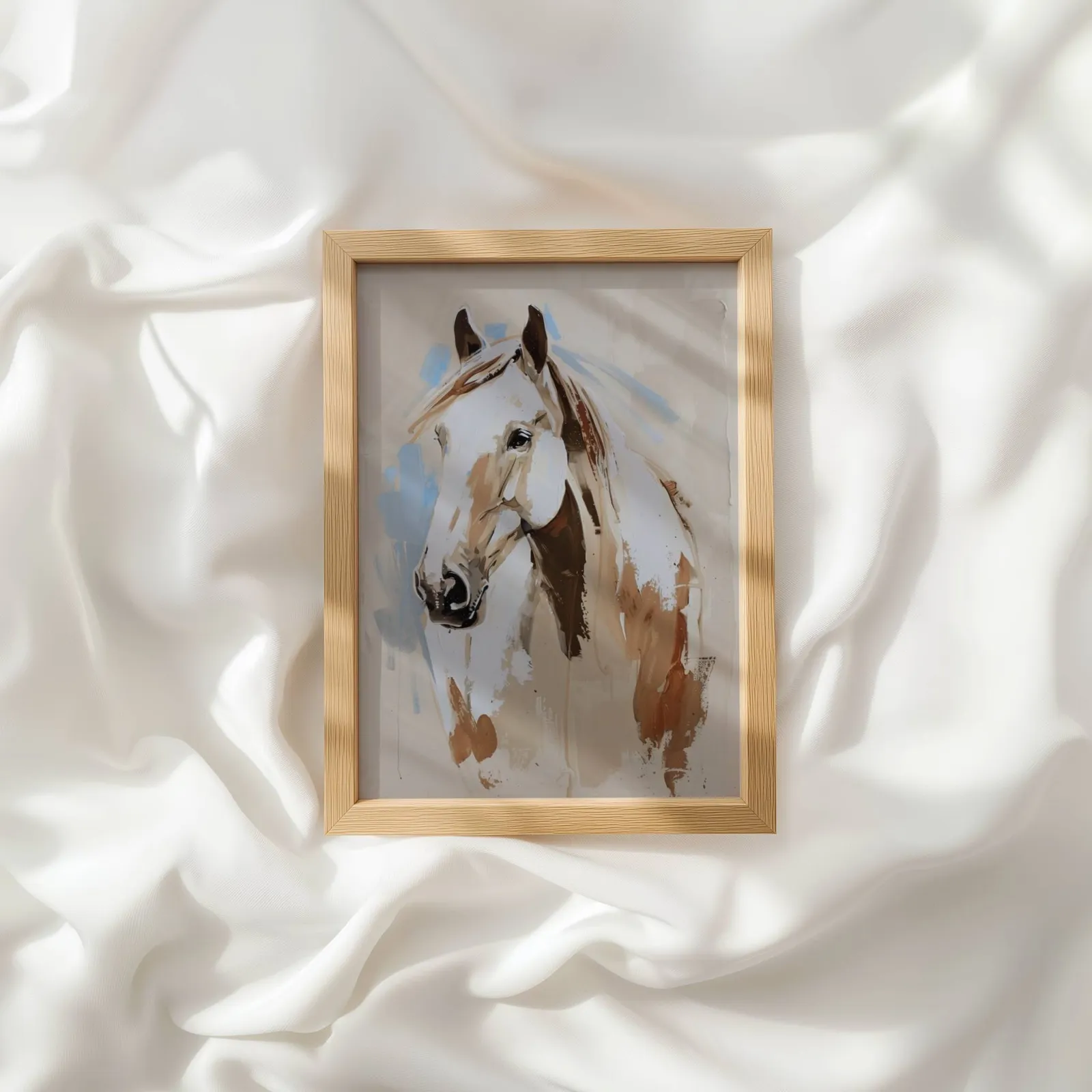 blue and beige western horse wall art, resting atop rumpled white silky fabric