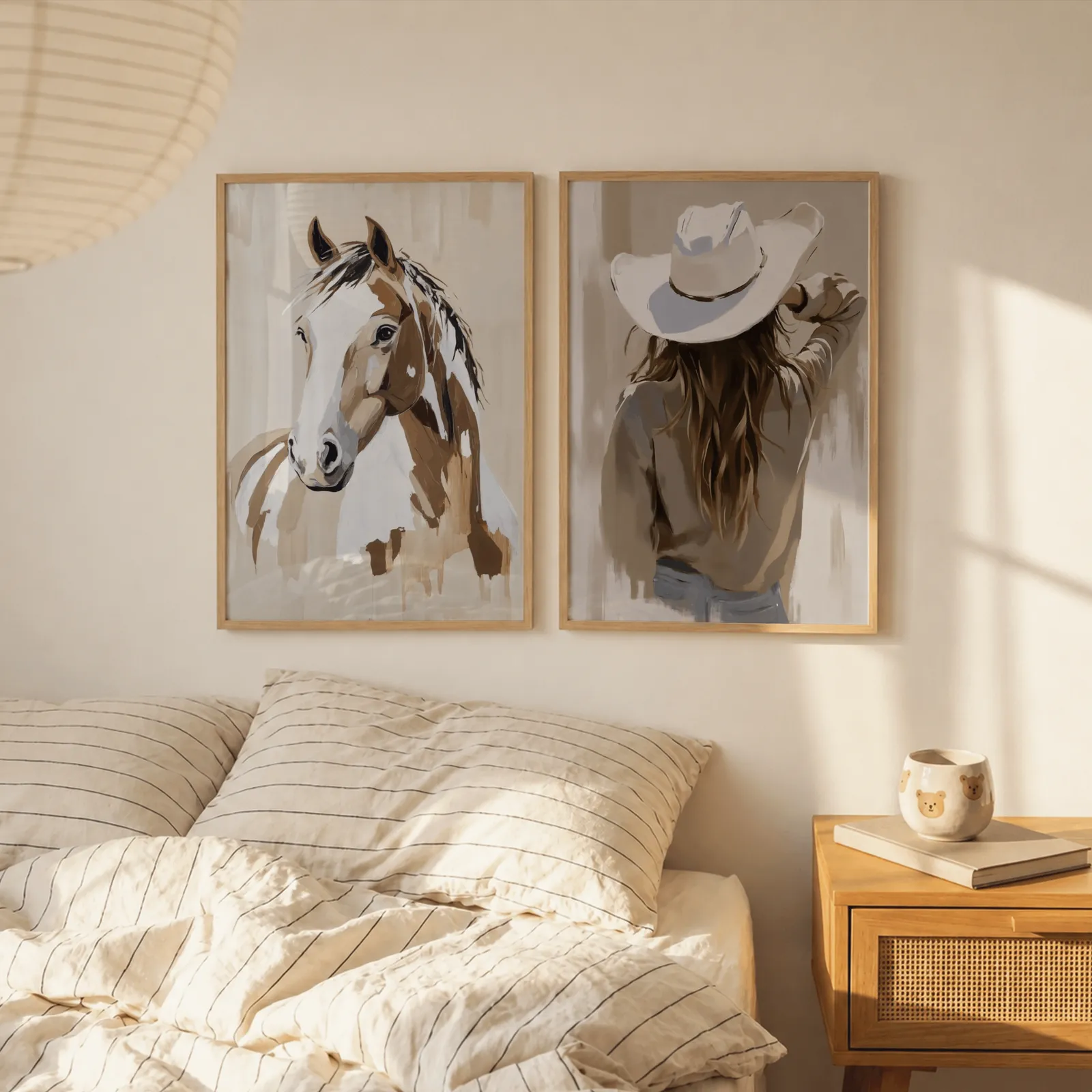 brown beige western horse and cowgirl wall art set of 2, above a striped linen bed beside a paper lantern shade