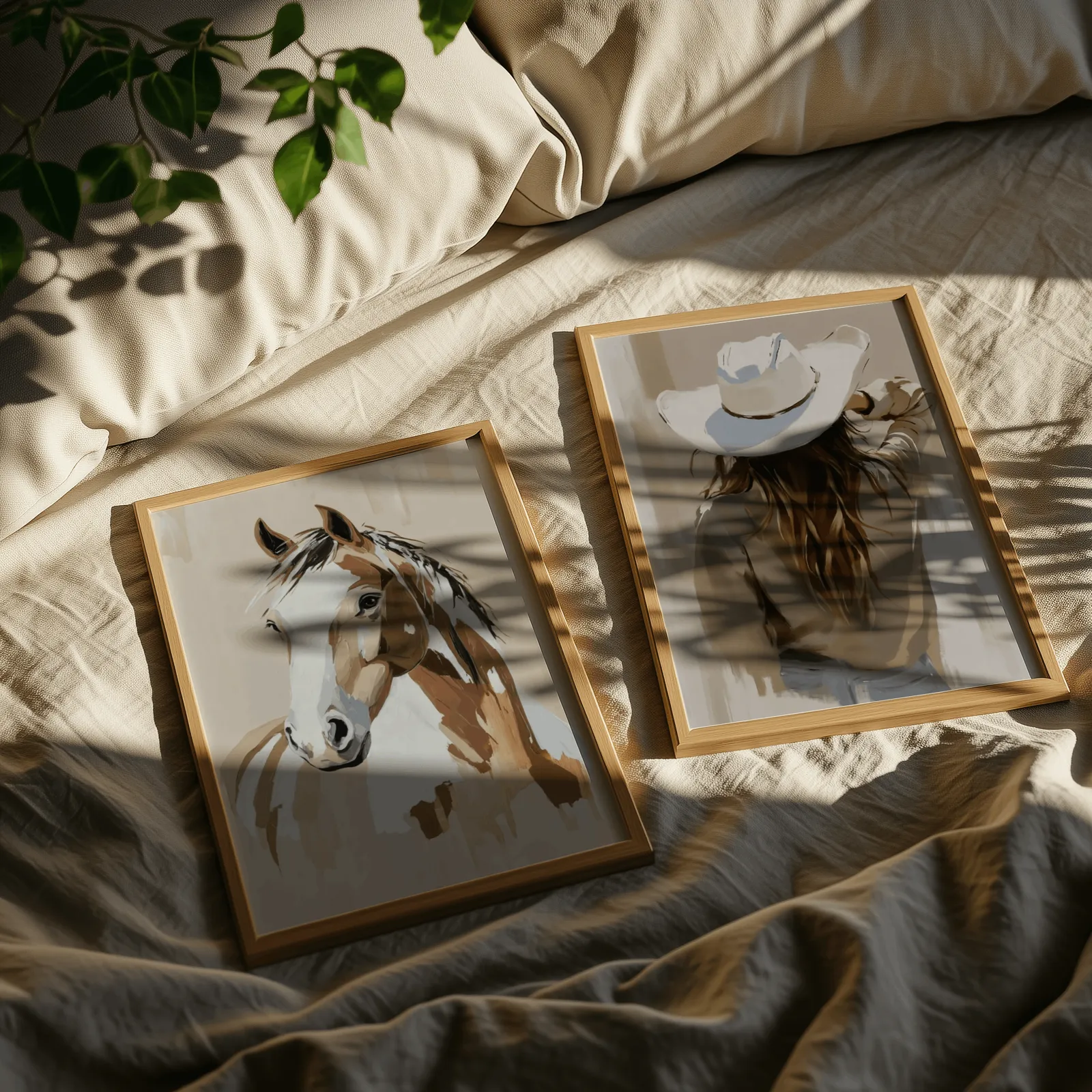 brown beige western horse and cowgirl wall art set of 2, resting on rumpled linen sheets with dappled leaf shadows
