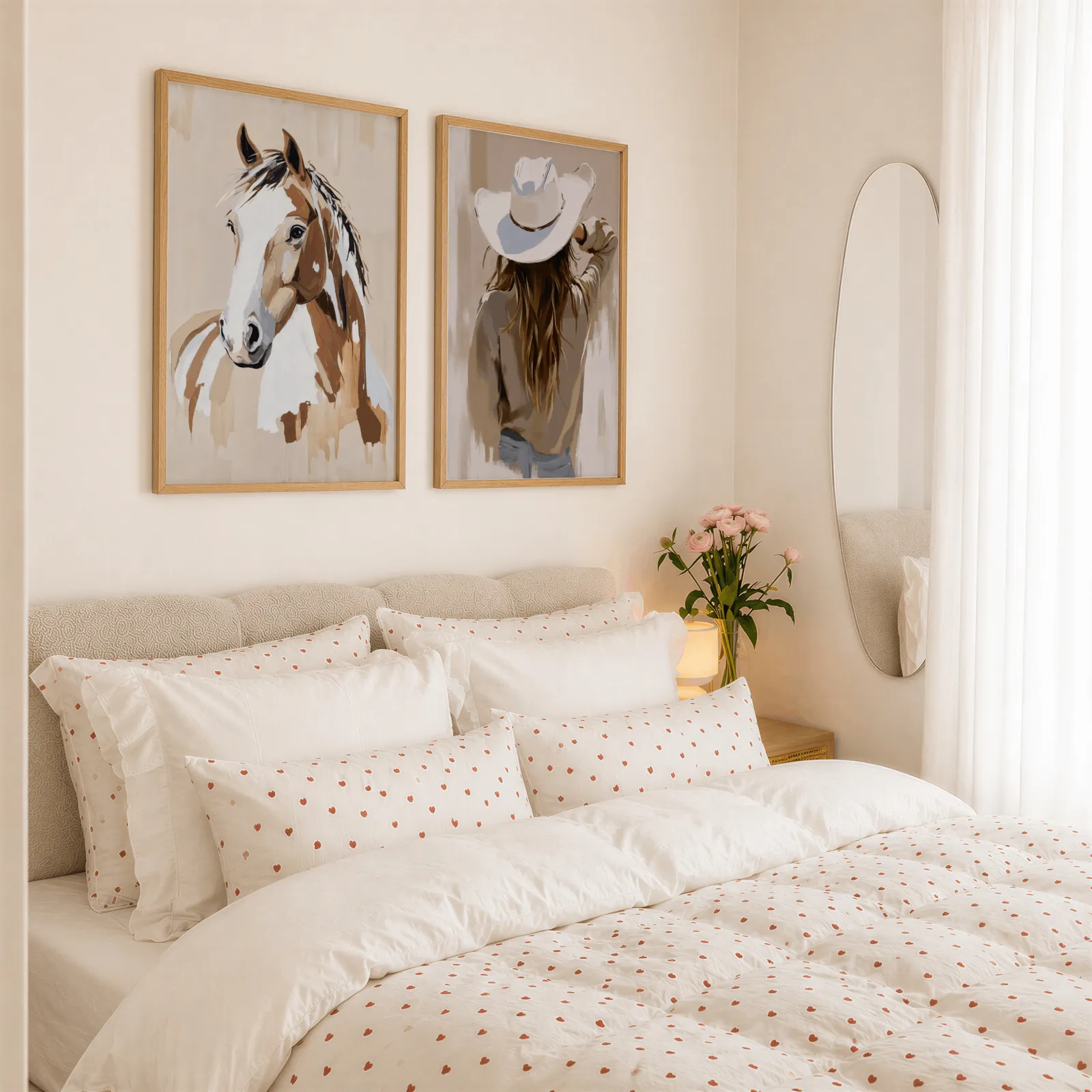 brown beige western horse and cowgirl wall art set of 2, above a tufted headboard piled with heart-print pillows