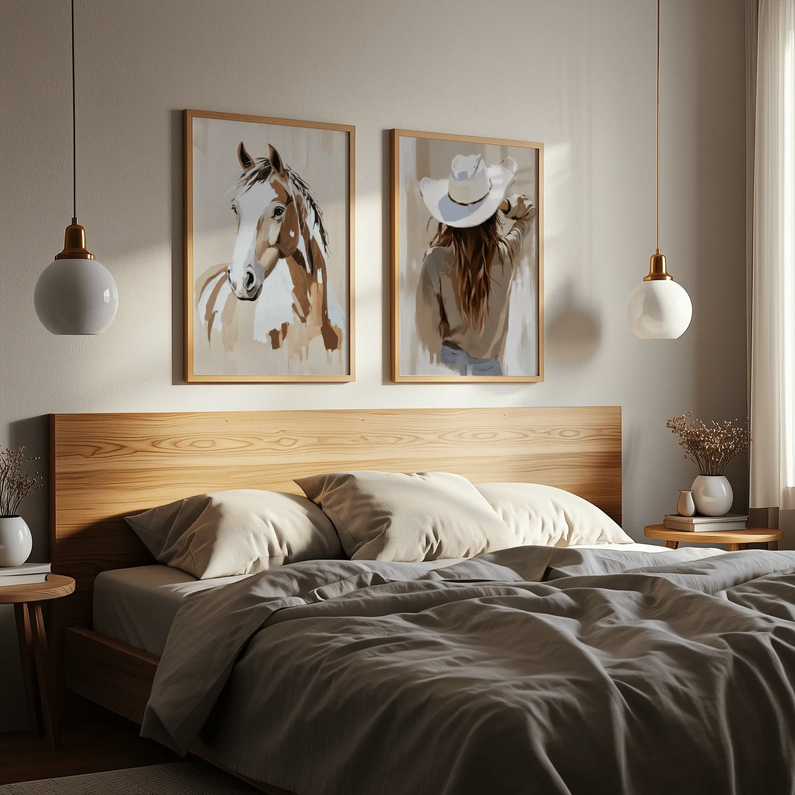 brown beige western horse and cowgirl wall art set of 2, above a wooden headboard flanked by globe pendant lights