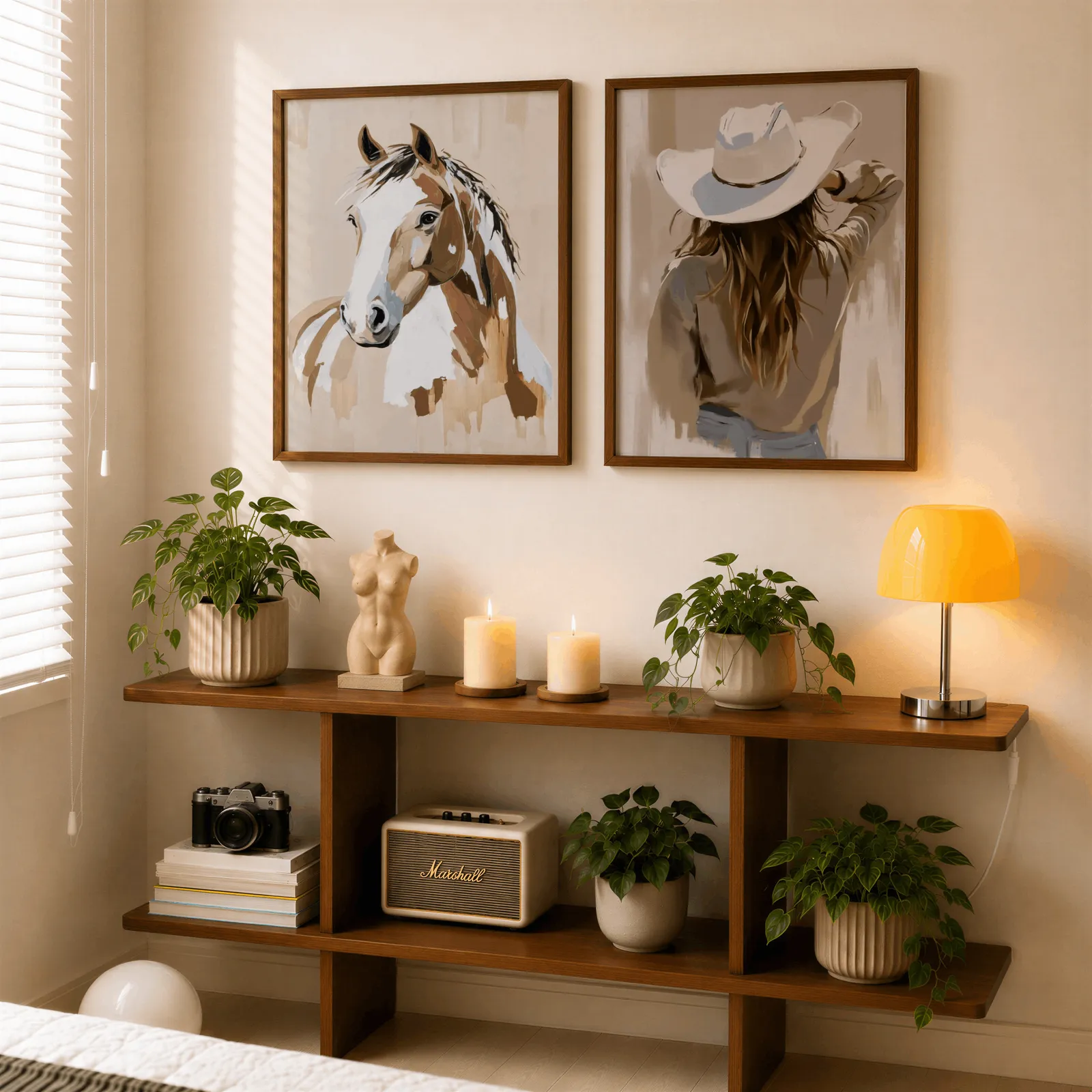 brown beige western horse and cowgirl wall art set of 2, above a wooden console shelf with potted plants and a yellow lamp