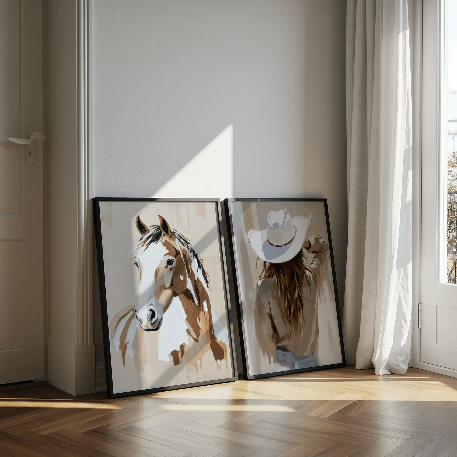 brown beige western horse and cowgirl wall art set of 2, leaning against a sunlit wall by herringbone floor and sheer curtains