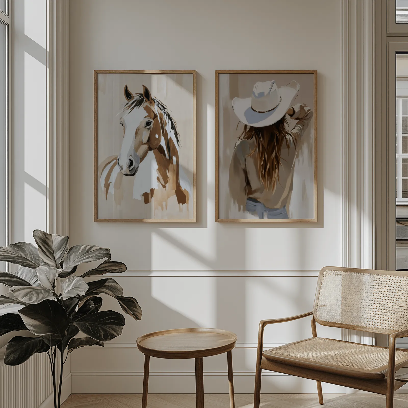 brown beige western horse and cowgirl wall art set of 2, above wainscoting beside a cane armchair and fiddle-leaf fig