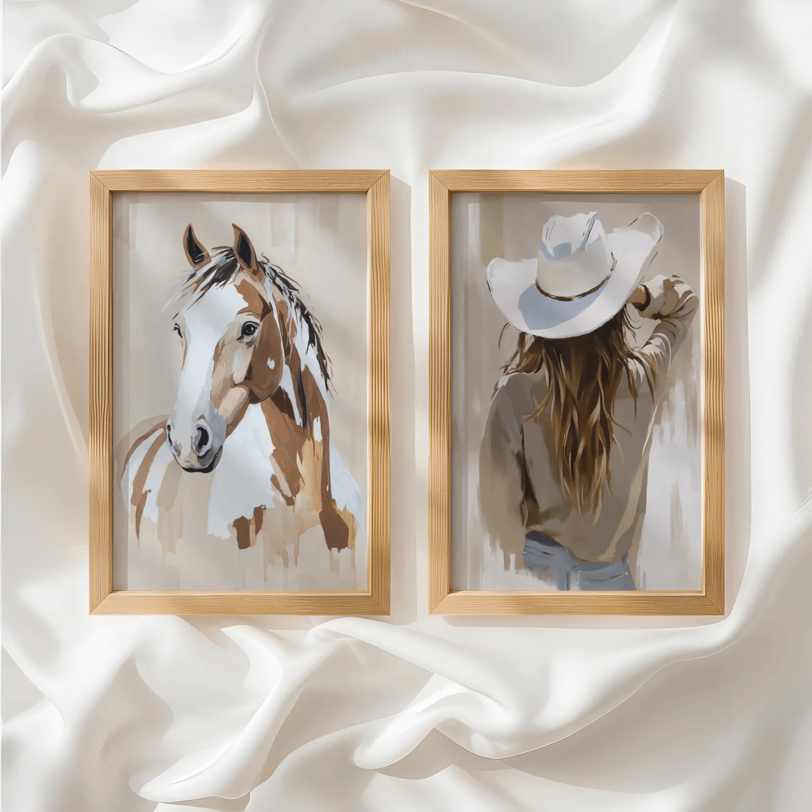 brown beige western horse and cowgirl wall art set of 2, side by side atop rumpled white silky fabric