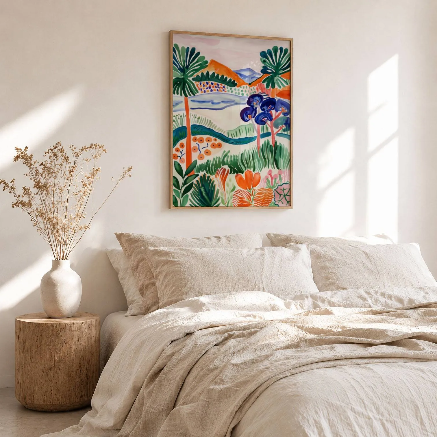 colorful landscape wall art with botanical garden scene, above a rumpled linen bed beside a stump side table
