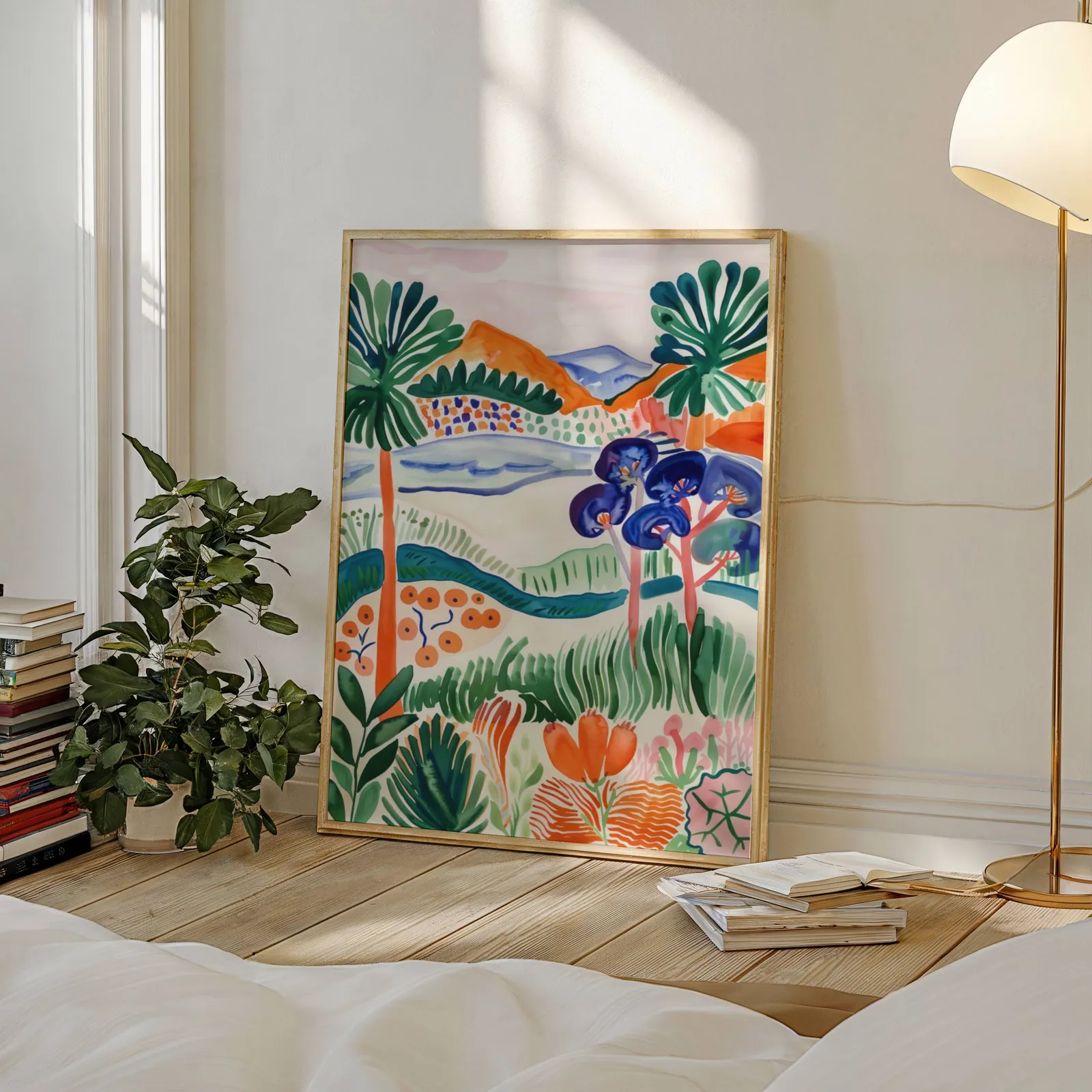 colorful landscape wall art with botanical garden scene, leaning against a sunlit wall beside a stacked bookshelf and fiddle-leaf plant