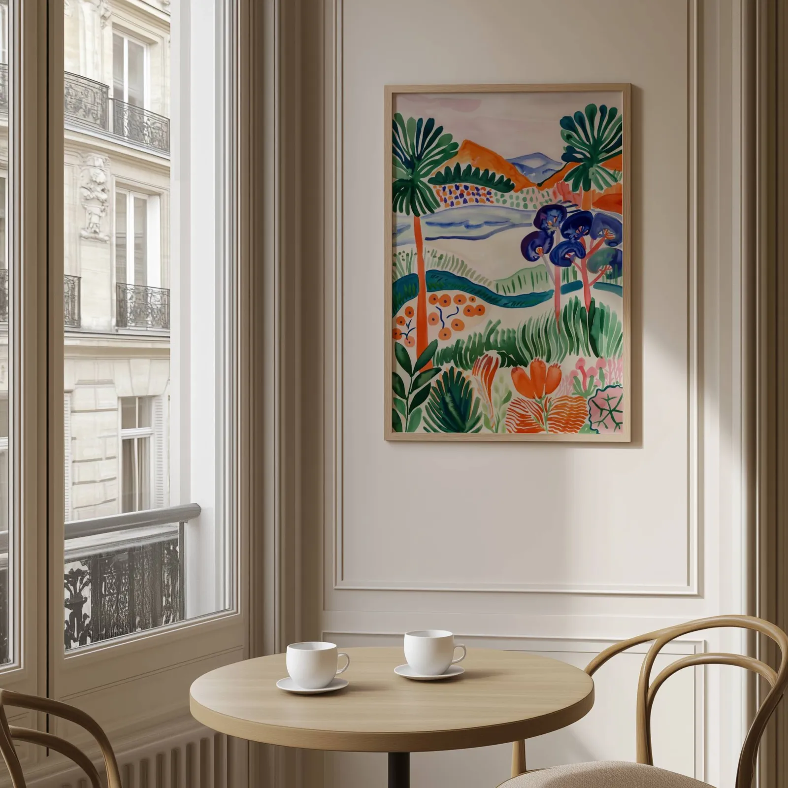 colorful landscape wall art with botanical garden scene, above a round café table set with two coffee cups