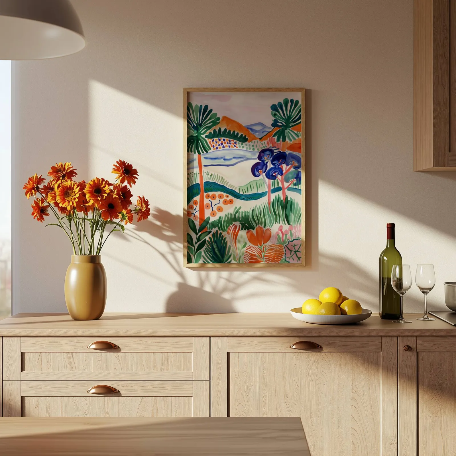 colorful landscape wall art with botanical garden scene, above a wooden counter with a bowl of lemons